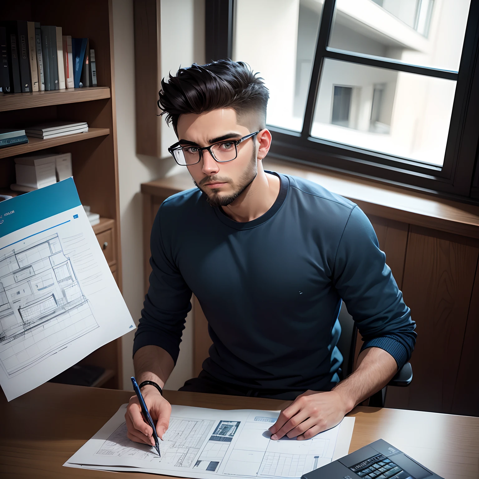 A 22 years old boy with small beard and quiff hairstyle wearing blue sweatshirt and black track pants , also wearing rim square eyeglasses doing an architectural drawing sheets on his table with laptop open and some architectural plan on screen , time is at midnight , moon can be seen from the window.