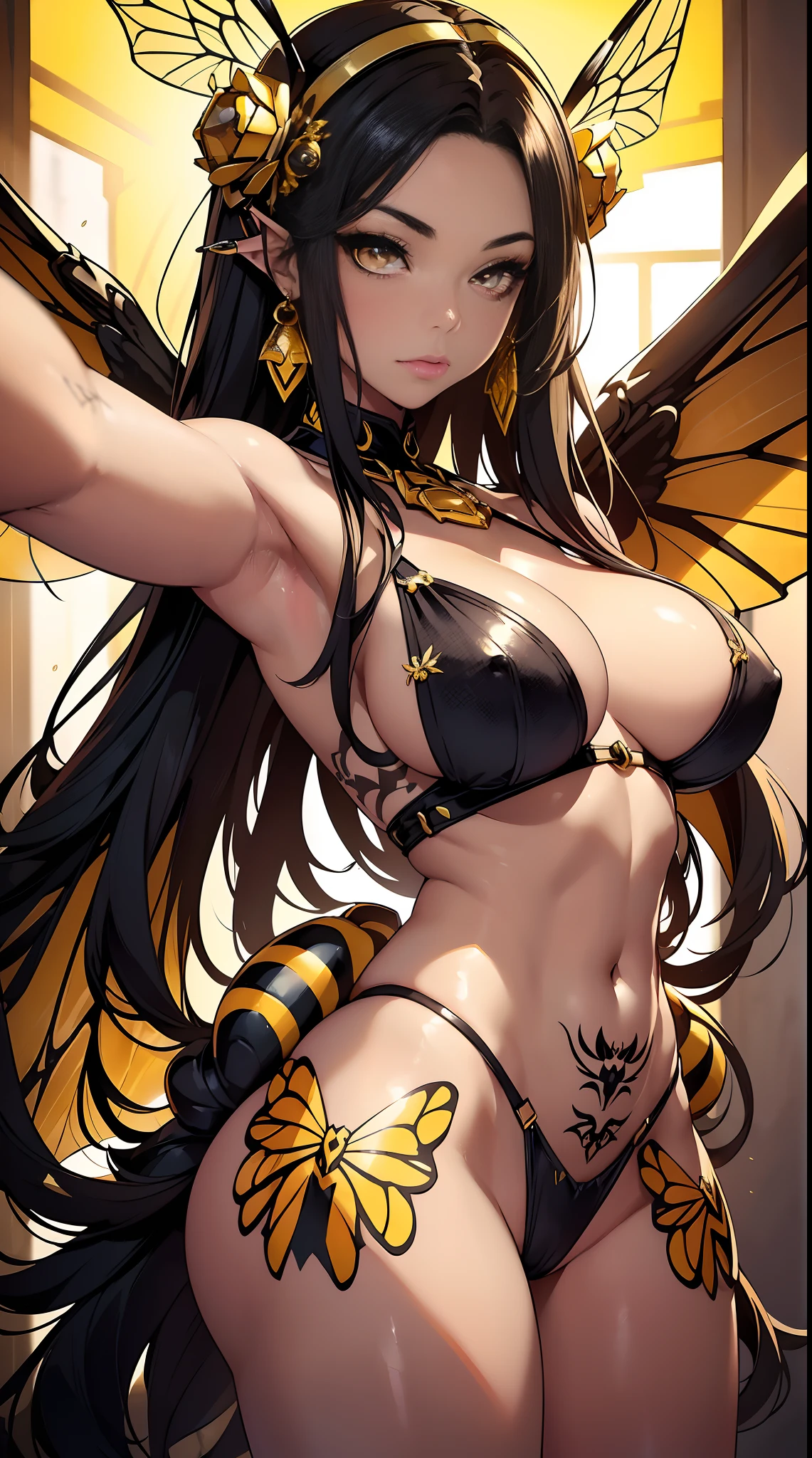 [Hun E. Bee] (masterpiece), best quality, expressive eyes, perfect face, (close up), (perfect body), (monster girl), (detailed faces), (bumble bee girl), (covered in honey), (perfect ), (bumble bee goddess), (sexy honey bee), (anthropomorphic), (glowing eyes), (hires), (dark brow skin), (insect antennae), (hive backdrop), black lips, dark eyeshadow, (extra detail), (bee wings), (tribal tattoos), (), (huge breasts), (taking selfie), (queen bee), (beautiful face), (perfect ), (perfect ass), slender, (beautiful hands), ((character reference) (reference art),