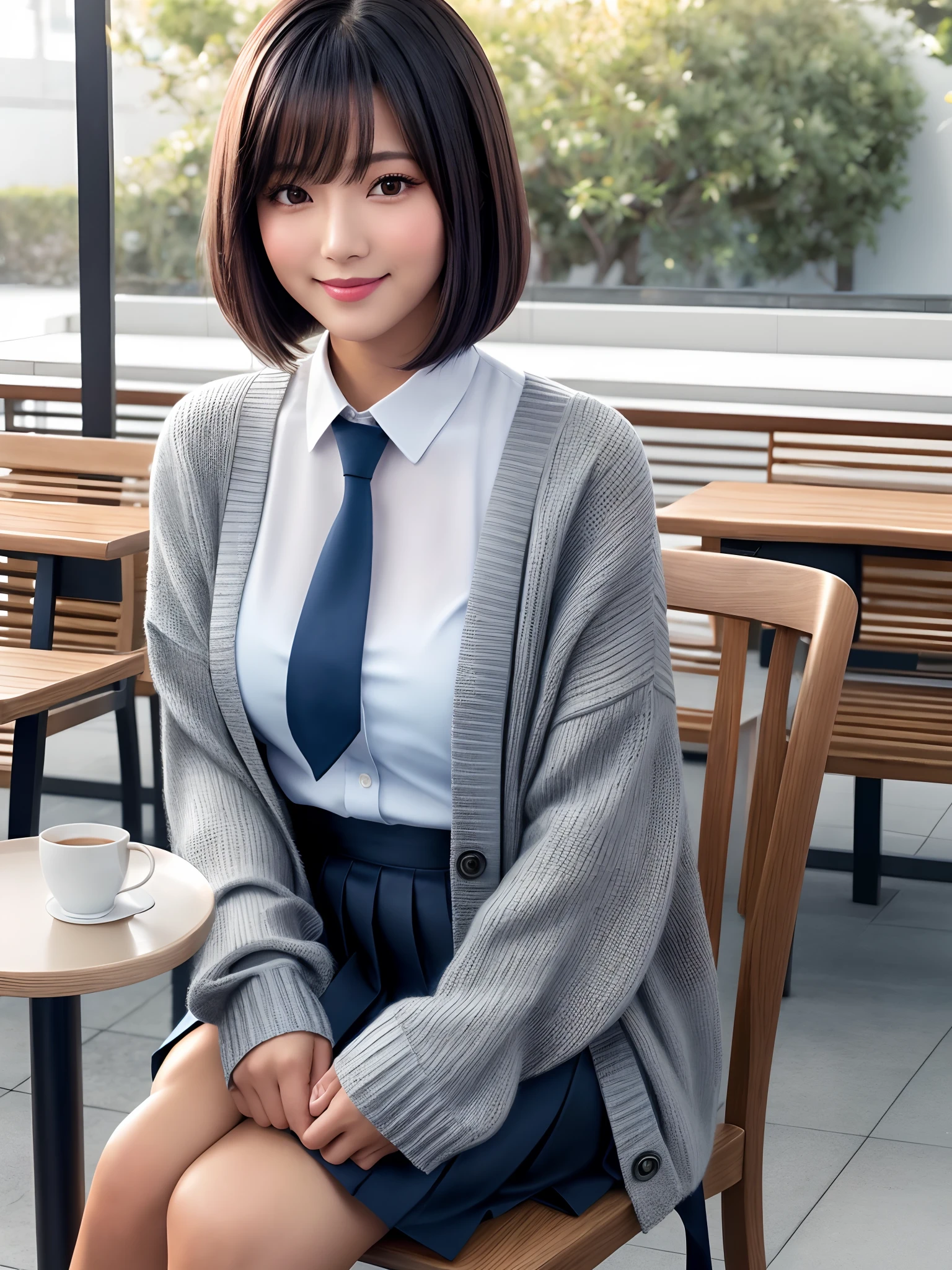 product quality, 1girl, upper body shot, front view, a Japanese young pretty woman, medium bob hair, sitting on a chair with a big smile in front of a table in a open air cafeteria, coffee on the table, glamorous figure, wearing a gray knitted cardigan over a white collared silky shirt with shiny satin dark blue plain long tie, wearing a dark blue pleated long skirt, hyper cute face, glossy lips, double eyelids in both eyes, natural makeup, long eyelashes, shiny smooth light brown medium bob hair, asymmetrical bangs, a tanned skin, central image, high resolution, high detail, detailed hairstyle, detailed face, spectacular cinematic lighting, octane rendering, vibrant, hyper realistic, perfect limbs, perfect anatomy