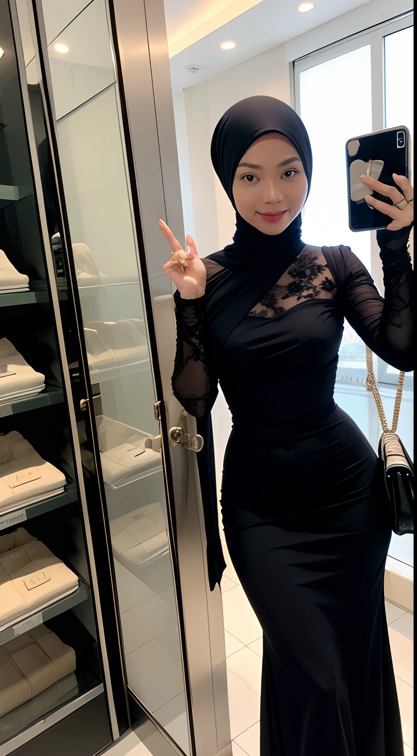 Capture the Malay woman in a classic black dress, reminiscent of Audrey Hepburn in 'Breakfast at Tiffany's,' posing near a luxury boutique window, exuding timeless elegance.