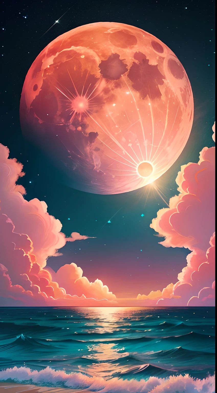 Orange moon, teal sky, soft pink clouds, teal ocean waves sparkling, sparkling, pink roses on pink ocean, fantasy, diamond, crown, universe, soft lights,