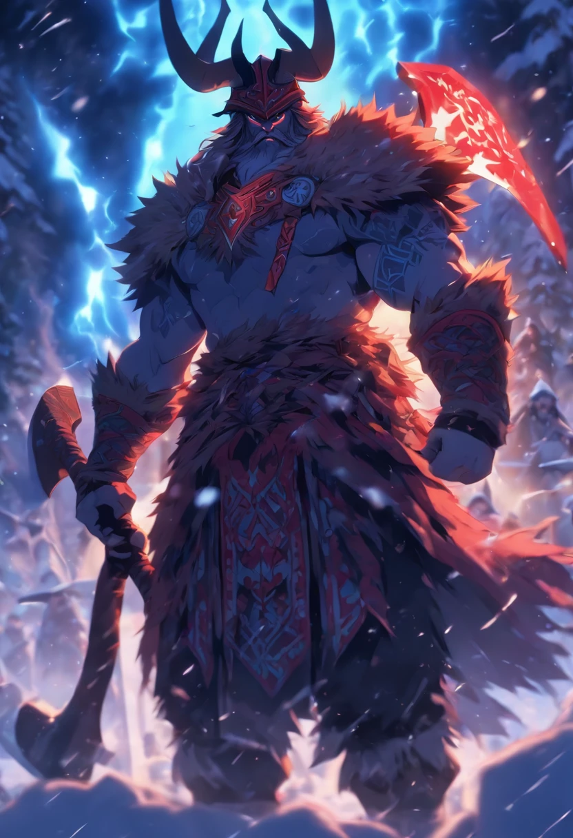 (((Man with ax in hand))) ,best quality, very high resolution, 4K detailed CG, masterpiece, Slavic mythology,PERUN, lightning in the background, Slovenia, standing pose, horned helmet, Slavic clothes, snow ,((holding hand)), Middle Ages, aesthetics, beautiful image, centered on screen, standing pose