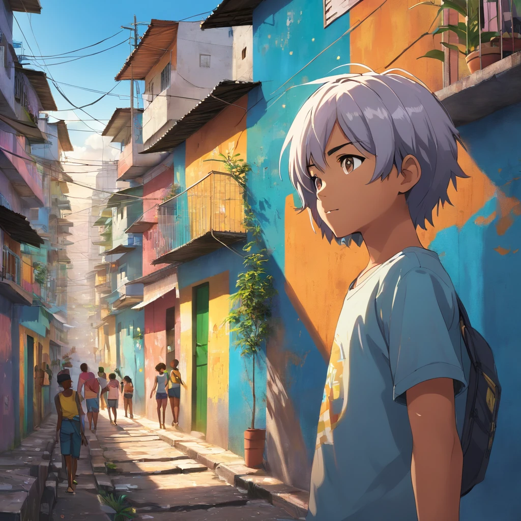 um estudante de cabelos brancos vestindo uma camisa preta, explorando a vibrante e colorida favela do Rio de Janeiro, Brasil. A cena mostra o garoto caminhando curiosamente pelas ruas estreitas cercadas por casas coloridas e muros cobertos de grafite. The favela is teeming with life, with residents going about their daily activities. The boy's white hair stands out against the backdrop of the favela, simbolizando sua singularidade e curiosidade. The work is rendered in a medium that combines elements of illustration and photography, creating a visually striking and captivating piece. The colors are vivid and saturated, reflecting the lively and energetic atmosphere of the favela. The lighting is dynamic, casting dramatic shadows and emphasizing the textures of walls and streets. The image is of the highest quality, com elementos ultra-detalhados e um, Photorealistic rendering. Geral, The work captures the spirit and charm of the favela, showcasing the beauty and resilience of the community.