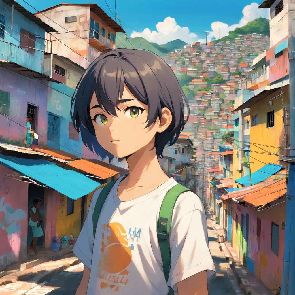 um estudante de cabelos brancos vestindo uma camisa preta, explorando a vibrante e colorida favela do Rio de Janeiro, Brasil. A cena mostra o garoto caminhando curiosamente pelas ruas estreitas cercadas por casas coloridas e muros cobertos de grafite. The favela is teeming with life, with residents going about their daily activities. The boy's white hair stands out against the backdrop of the favela, simbolizando sua singularidade e curiosidade. The work is rendered in a medium that combines elements of illustration and photography, creating a visually striking and captivating piece. The colors are vivid and saturated, reflecting the lively and energetic atmosphere of the favela. The lighting is dynamic, casting dramatic shadows and emphasizing the textures of walls and streets. The image is of the highest quality, com elementos ultra-detalhados e um, Photorealistic rendering. Geral, The work captures the spirit and charm of the favela, showcasing the beauty and resilience of the community.