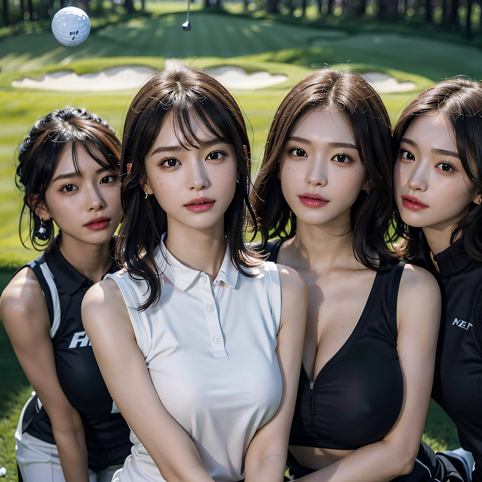 absurdres, RAW photo, extremely delicate and beautiful, masterpiece, Best Quality, ultra high resolution, 16k, hyperrealistic, ultra-detailed, Very detailed CG 8k wallpaper, Beautiful Lighting, Perfect Lightning, Realistic Shadows, perfect anatomy, super Detailed skin, perfect figure, Japanese woman, in her 20s, very Slim body, narrow waist, very small head, handsome detailed woman, very detailed eyes and face, realistic face proportions, Stunning detailed eyes, Realistic beautiful face, very small face, Realistic small beautiful eyes, double eyelids, makeup, tearful mole, mole on chest, earring, bare legs, beautiful and very thin legs, beautiful and very thin thighs, (very huge round breasts:1.4), (full body shot), short hair, wavy hair, sweat, (3 girls:1.5), (golf wear:1.5), (sleeveless, bare arms, bare legs, tight-fitting),