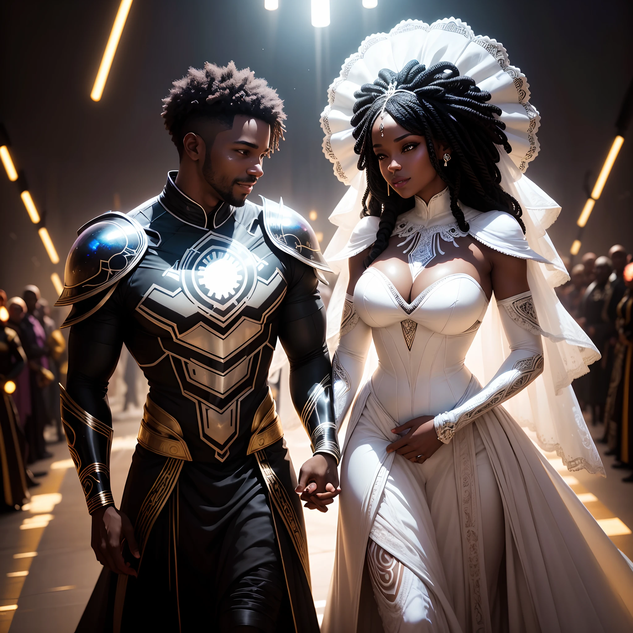 a happy Black man wedding a black woman both wearing african designed black helmets and african designed clothes getting married, in a futuristidark scene lit by light sabers surrounding the black wedding couple,  shining with beautiful and vibrant light,  with iridescent light, photorealistic image, ultra HD, cinematic lighting, artgerm style, 32k, unreal engine rendered,