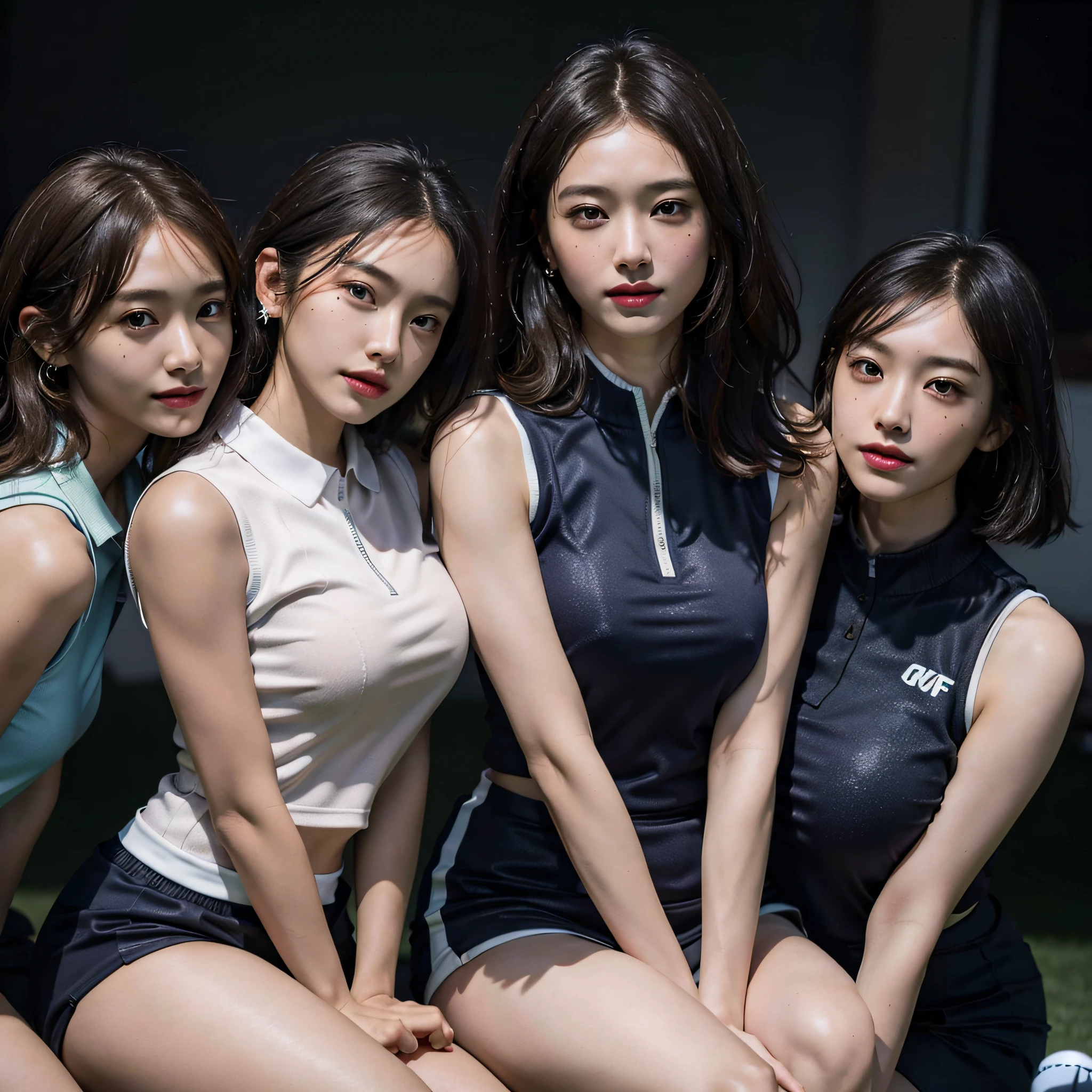 absurdres, RAW photo, extremely delicate and beautiful, masterpiece, Best Quality, ultra high resolution, 16k, hyperrealistic, ultra-detailed, Very detailed CG 8k wallpaper, Beautiful Lighting, Perfect Lightning, Realistic Shadows, perfect anatomy, super Detailed skin, perfect figure, Japanese woman, in her 20s, very Slim body, narrow waist, very small head, handsome detailed woman, very detailed eyes and face, realistic face proportions, Stunning detailed eyes, Realistic beautiful face, very small face, Realistic small beautiful eyes, double eyelids, makeup, tearful mole, mole on chest, earring, bare legs, beautiful and very thin legs, beautiful and very thin thighs, (very huge round breasts:1.3), (full body shot), short hair, wavy hair, sweat, (3 girls:1.5), (golf wear:1.5), (sleeveless, bare arms, bare legs, tight-fitting),