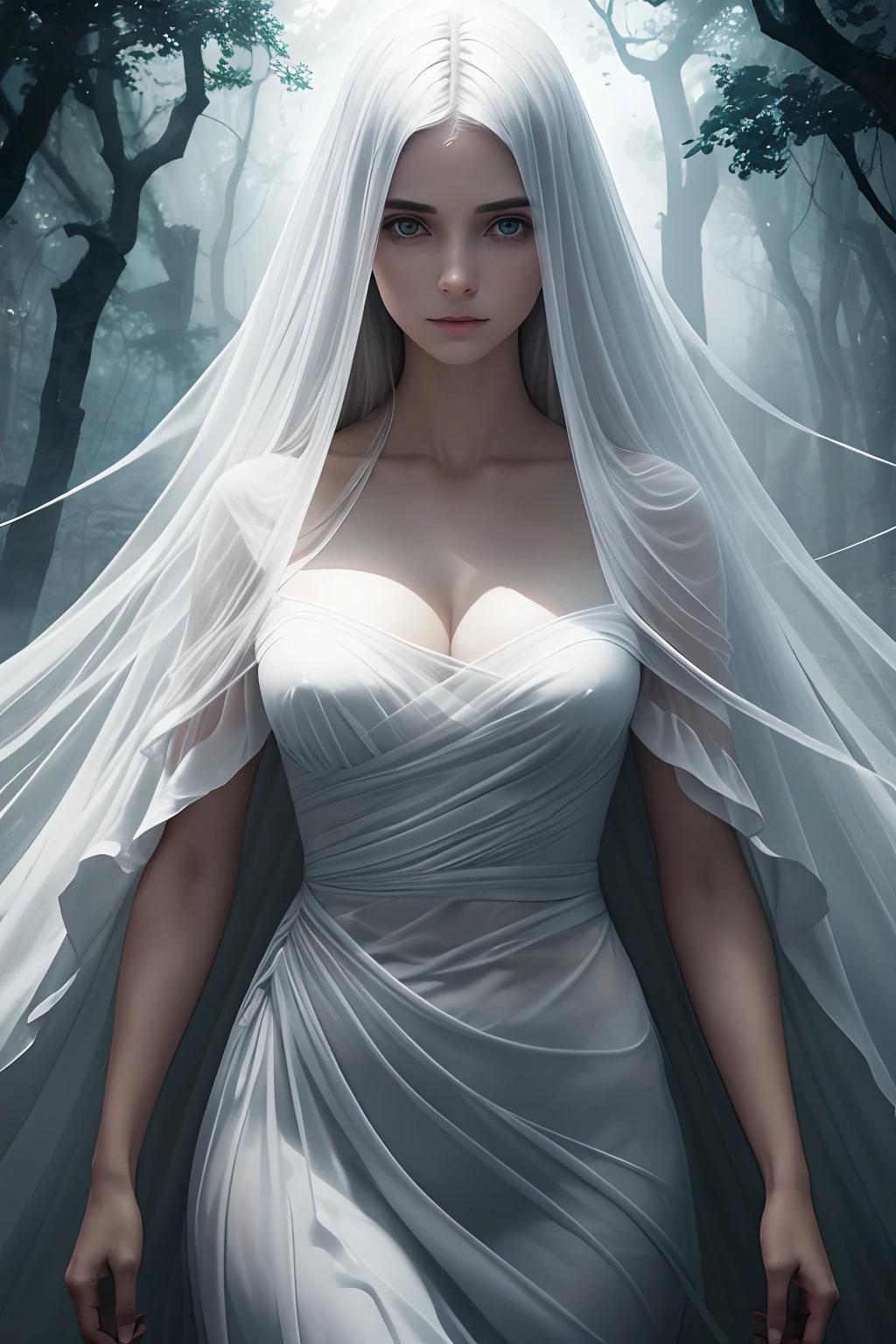 (best quality,alto,ultra-detalhado,Realistic:1.2),Uma bela fantasma espectral semitransparente, rosto lindo e corpo com busto grande cintura fina quadril largo e figura assustadoramente detalhados, olhos cinzas penetrantes, long flowing white hair, roupas brancas camisola branca transparente , atmosfera sombria e misteriosa, ghostly presence, Subtle and sinister lighting, Translucent and otherworldly, fracamente brilhante, Ghostly apparition ,assombrosamente bela, mas melancolia, sussurrando ao vento, Aura sobrenatural, Vibrando, ethereal colors, ambiente surreal transcendente e misterioso, flutuando graciosamente ao luar