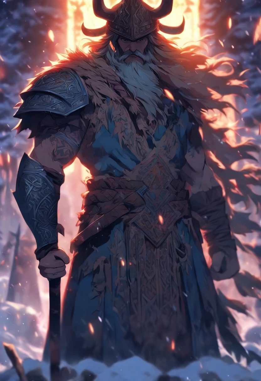 (((Man with ax in hand))) best quality, very high resolution, 4K detailed CG, masterpiece, Slavic mythology,PERUN, lightning in the background, Slovenia, standing pose, Viking helmet, Slavic clothes, snow, ((holding hand)), Middle Ages, aesthetics, beautiful image, centered on screen, standing pose