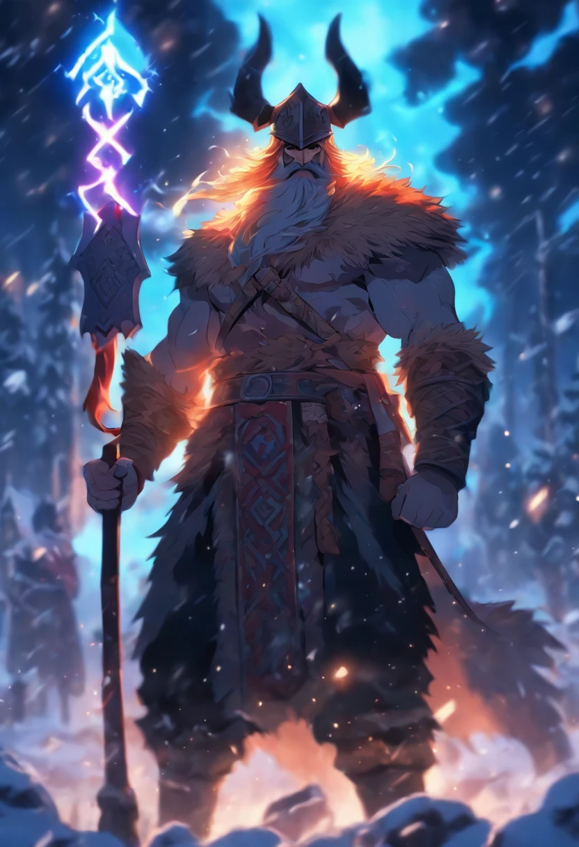 (((Man with ax in hand))) best quality, very high resolution, 4K detailed CG, masterpiece, Slavic mythology,PERUN, lightning in the background, Slovenia, standing pose, Viking helmet, Slavic clothes, snow, ((holding hand)), Middle Ages, aesthetics, beautiful image, centered on screen, standing pose