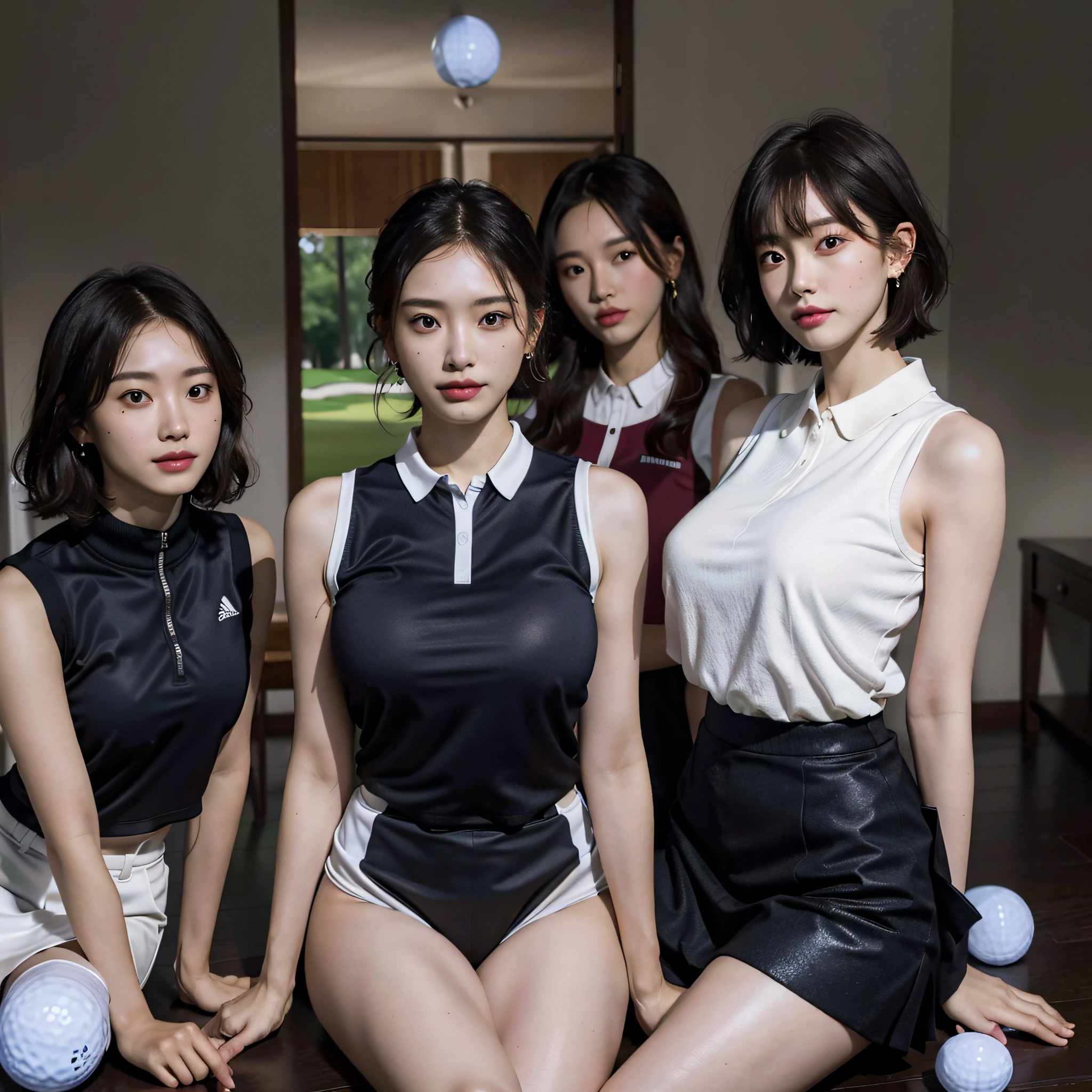 absurdres, RAW photo, extremely delicate and beautiful, masterpiece, Best Quality, ultra high resolution, 16k, hyperrealistic, ultra-detailed, Very detailed CG 8k wallpaper, Beautiful Lighting, Perfect Lightning, Realistic Shadows, perfect anatomy, super Detailed skin, perfect figure, Japanese woman, in her 20s, very Slim body, narrow waist, very small head, handsome detailed woman, very detailed eyes and face, realistic face proportions, Stunning detailed eyes, Realistic beautiful face, very small face, Realistic small beautiful eyes, double eyelids, makeup, tearful mole, mole on chest, earring, bare legs, beautiful and very thin legs, beautiful and very thin thighs, (very huge round breasts:1.4), (full body shot), short hair, wavy hair, sweat, (3 girls:1.5), (golf wear:1.5), (sleeveless, bare arms, bare legs, tight-fitting),