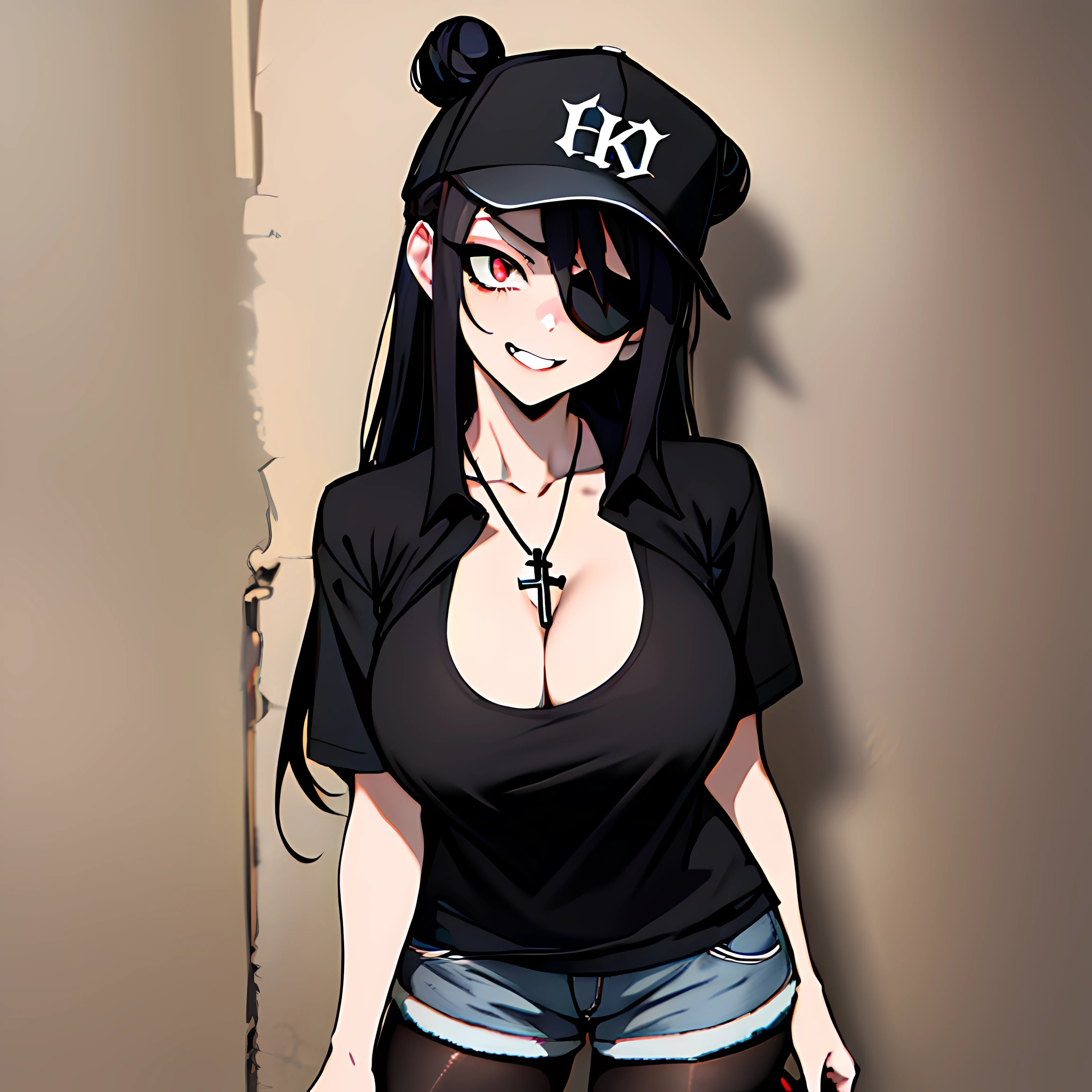 (absurdres, 8k, 4k, masterpiece, hyper extreme detailed:1.2), best quality, expressive eyes, highres, perfect eyes, 1girl, perfect face, perfect hands, Long Hair, Black hair, braided buns, buns in hair, large bust, crazy face, crazy eyes, crazy smile, eyepatch, gothic, cross necklace, black shirt, streetwear, pantyhose, baseball cap, curious, half body, street clothing, graphic t-shirt, standing, leaning against wall, gothic, pale skin, absurdquality, shocked, concerned, confused, head tilt, cowboy_shot, shorts, cleavage, short shirt, fang tooth, black eyepatch, smile, black pantyhose, wall background,
