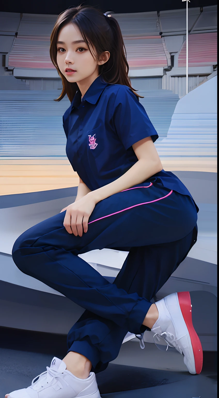 (bestquality,10,10,highres,masterpiece:1.2),ultra-detail,(Realistic,photorealistic portrait,photo-realistic:1.37),1 Cute girl in the football field,oily shiny skin,bara,light smile,BDclothes,((Blue Shirt:1.3)),short sleeves,Shirt out pants,(navy_long_Track Pants:1.1), ((Stadium Background:1.3)),dynamic angle,excited,face focus,Dynamic Poses,from behide,Ass Focus ,master-piece, bestquality, ultra realistic, hyper-detail, 8k resolution, RAW photo, crisp focus, ((Navy blue shirt:1.1)), short sleeves, Long Path, Perfect body, mature woman , 18yo, cinematic light,Blue sweatpants,Gymware,Correct anatomy,Complete body, Correct body, sharp face, Anatomically correct body, full entire body, Realistic gestures, long-haired, Realistic poses,Blue sweatpants,full entire body