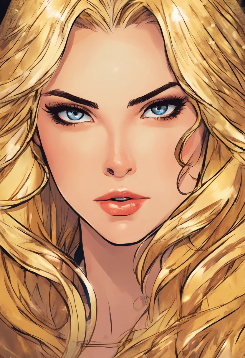 (best quality,4k,8k,highres,masterpiece:1.2),ultra-detailed,(realistic,photorealistic,photo-realistic:1.37),portrait:1.1, illustration, 1 mage:(eyes:1.1,nose:1.1,lips:1.1,beautiful detailed eyes,beautiful detailed lips,extremely detailed eyes and face,long eyelashes),young woman female magician, brutal face, long blonde hair with golden eyes,light ,unstable anomaly ,golden and black colors,dark lightning,depth of field