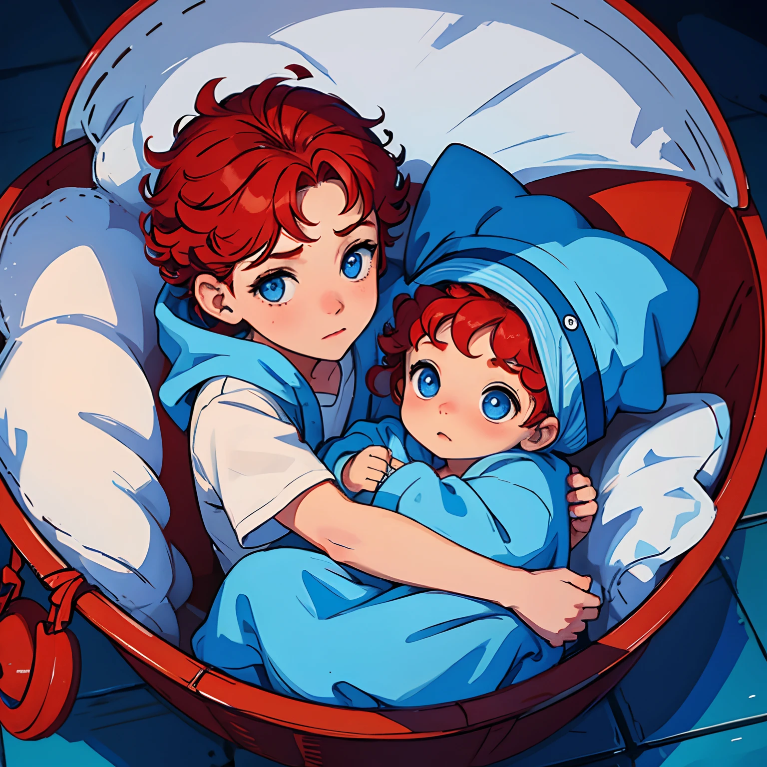 Newborn Boy. Blue Eyes. Red Curly Hair. Alone