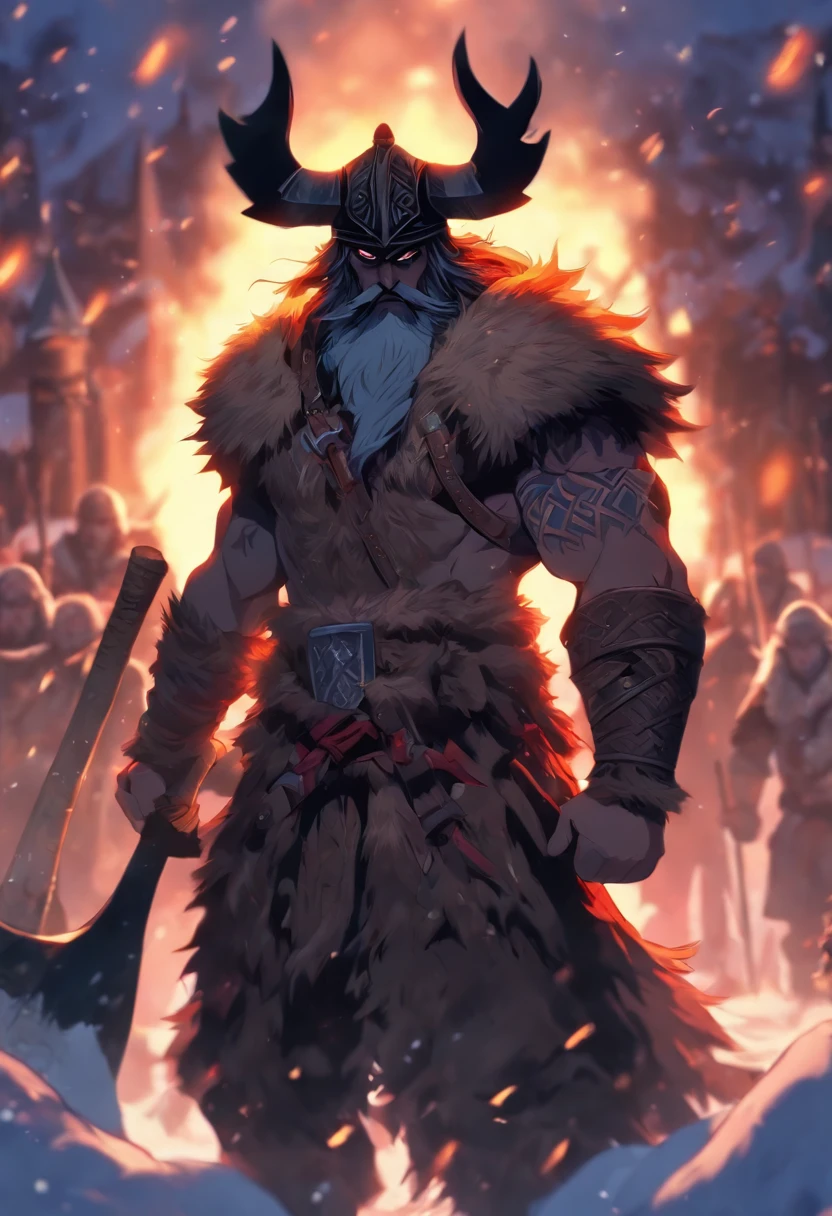 (((Man with ax in hand))) best quality, very high resolution, 4K detailed CG, masterpiece, Slavic mythology,PERUN, lightning in the background, Slovenia, standing pose, Viking helmet, Slavic clothes, snow, ((holding hand)), Middle Ages, aesthetics, beautiful image, centered on the screen