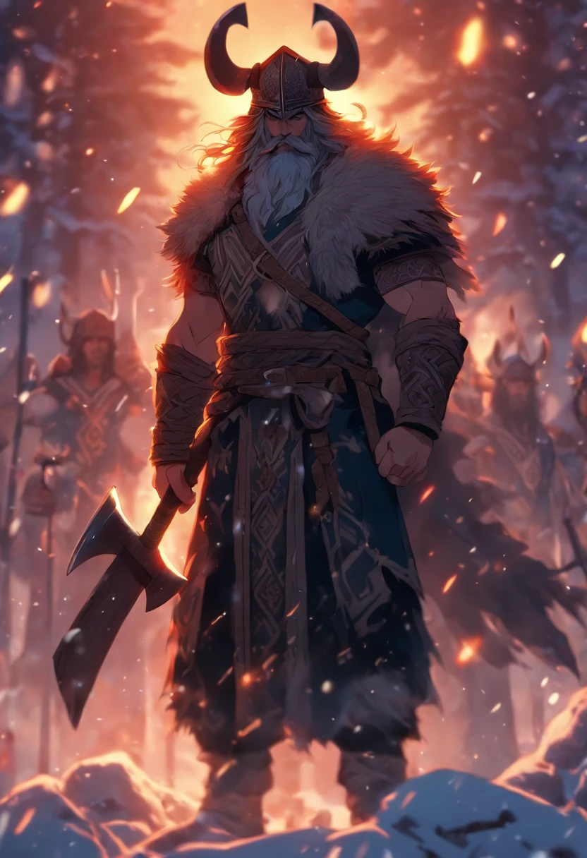 (((Man with ax in hand))) best quality, very high resolution, 4K detailed CG, masterpiece, Slavic mythology,PERUN, lightning in the background, Slovenia, standing pose, Viking helmet, Slavic clothes, snow, ((holding hand)), Middle Ages, aesthetics, beautiful image, centered on the screen