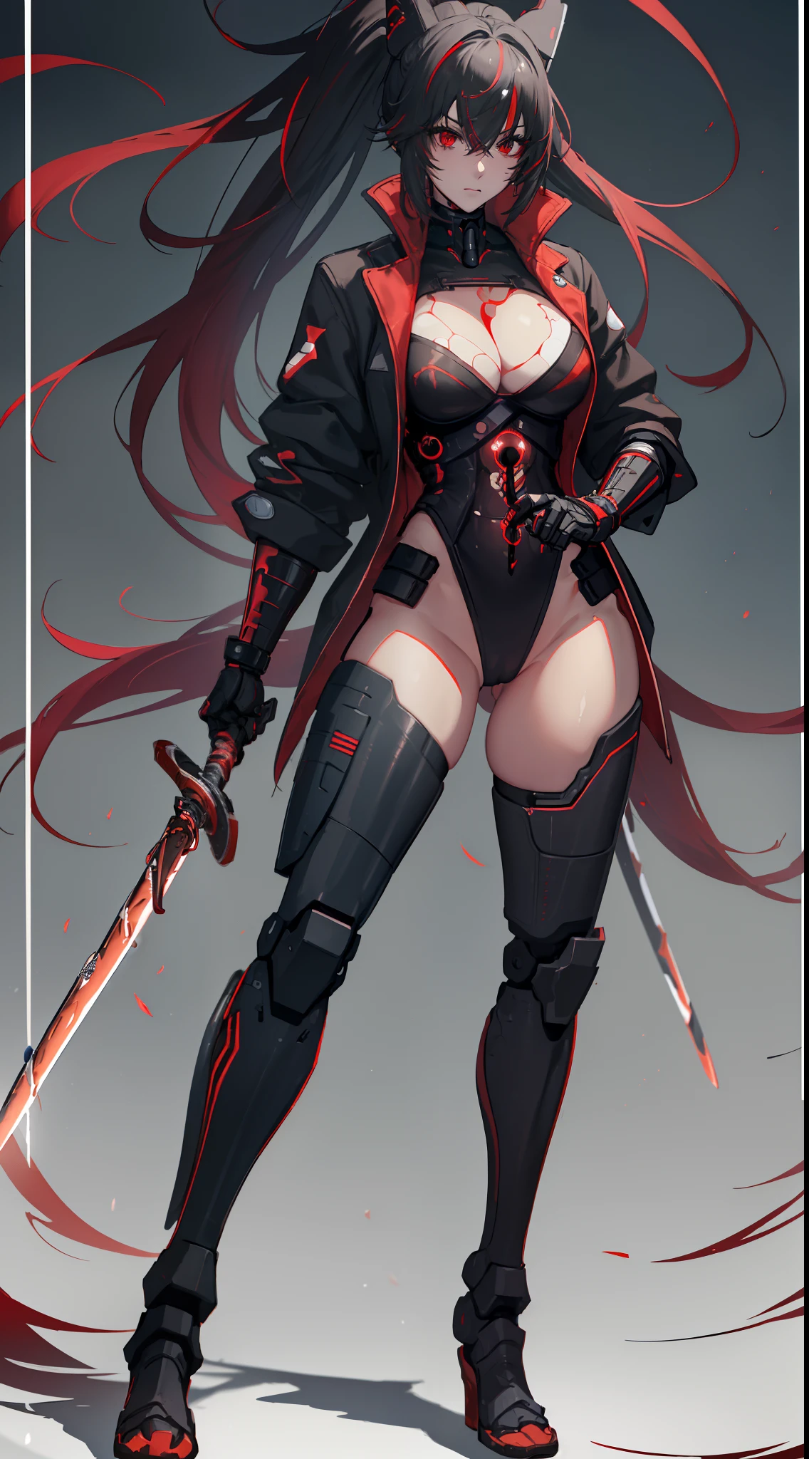 (best quality, masterpiece, anime) (solo) (black hair with red and white highlights:1.2, very long hair, single ponytail), (heterochromia_eyes_red_and_blue:1.4), thick thighs, huge breasts, muscular, athletic, (cyborg:1.4), (robot arms:1.2), (robot legs:1.2), (high-leg leotard:1.7, one-piece, red_black_outift:1.3, cleavage), (jacket), headgear, toned body, 1 woman, (age 26), (holding sword:1.6), (cybersamurai:1.4), (Ninja:1.3), beautiful, sexy, first rate body, Lucia_Crimson_Weave, Lucia