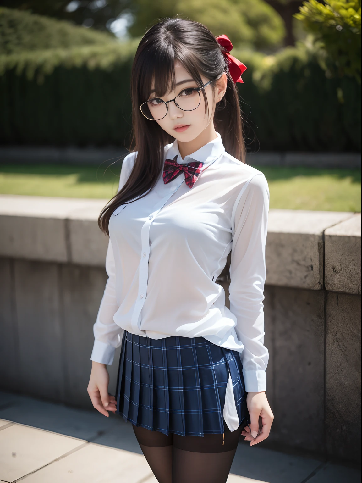 (8K、Raw photography、top-quality、masterpiece:1.2),Show、Black pantyhose,absurderes,a small face,small tits,flat breast,Parting the bangs from the middle、Forehead visible,(Tight eyes,Bullish,skinny,Rasping,irate)、masterpiece,top-quality、超A high resolution,Raw photo,ren,Beautiful fece,One Person, 独奏,eye glass,,Dark look,fullllbody,Round glasses、cute little、A Japanese Lady,is standing,(Tight eyes,Bullish,skinny、(Photorealsitic:1.37)、Photon mapping,Light blue ribbon,Realistic、Cute little face,Brown-eyed、Black socks、(Red bow tie)、Radio City、Physically Based Rendering、Foreground、depth of fields、Blurry background、a picture,The girls、Body, Long legs, Thin leg,poneyTail,(Bangs are visible), hair, s lips, Blue_The eye, nosesoft,White lingerie, Navy blue and white plaid pleated skirt, Knees are visible,Sheer clothing,, Thigh, Black cotton socks,Nogizaka Idol, 女優, Japanese ido、large boob、Expose your breasts