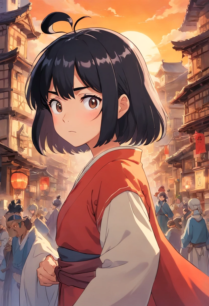 1girl, pelo corto, black hair, head pat, aventura, fecha, Ciudad medieval, angry face