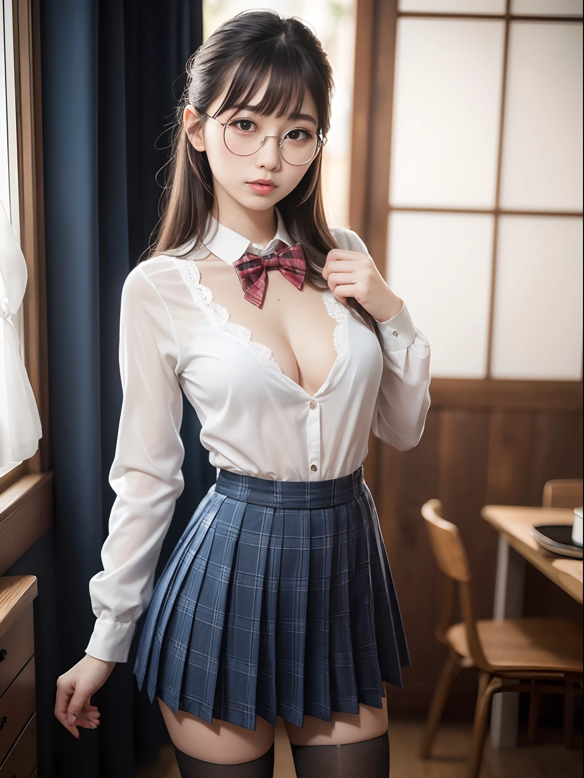 （8K、Raw photography、top-quality、​masterpiece：1.2),Show、Black pantyhose,absurderes,a small face,small tits,flat breast,Parting the bangs from the middle、Forehead visible,(Tight eyes,Bullish,skinny,Rasping,irate)、​masterpiece,top-quality、超A high resolution,Raw photo,ren,Beautiful fece,One Person, 独奏,eye glass,,Dark look,fullllbody,Round glasses、cute little、A Japanese Lady,is standing,(Tight eyes,Bullish,skinny、（Photorealsitic：1.37）、Photon mapping,Light blue ribbon,Realistic、Cute little face,Brown-eyed、Black socks、(Red bow tie)、Radio City、Physically Based Rendering、Foreground、depth of fields、Blurry background、a picture,The girls、Body, Long legs, Thin leg,poneyTail,(Bangs are visible), hair, s lips, Blue_The eye, nosesoft,White lingerie, Navy blue and white plaid pleated skirt, Knees are visible,Sheer clothing,, Thigh, Black cotton socks,Nogizaka Idol, 女優, Japanese ido、large boob、Expose your breasts