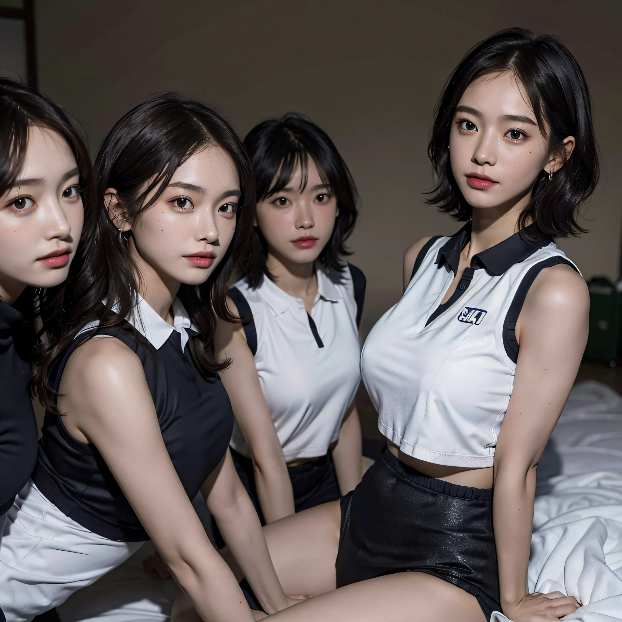 absurdres, RAW photo, extremely delicate and beautiful, masterpiece, Best Quality, ultra high resolution, 16k, hyperrealistic, ultra-detailed, Very detailed CG 8k wallpaper, Beautiful Lighting, Perfect Lightning, Realistic Shadows, perfect anatomy, super Detailed skin, perfect figure, Japanese woman, in her 20s, very Slim body, narrow waist, very small head, handsome detailed woman, very detailed eyes and face, realistic face proportions, Stunning detailed eyes, Realistic beautiful face, very small face, Realistic small beautiful eyes, double eyelids, makeup, tearful mole, mole on chest, earring, bare legs, beautiful and very thin legs, beautiful and very thin thighs, (very huge round breasts:1.3), (full body shot), short hair, wavy hair, sweat, (3 girls:1.5), (golf wear:1.5), (sleeveless, bare arms, bare legs, tight-fitting),