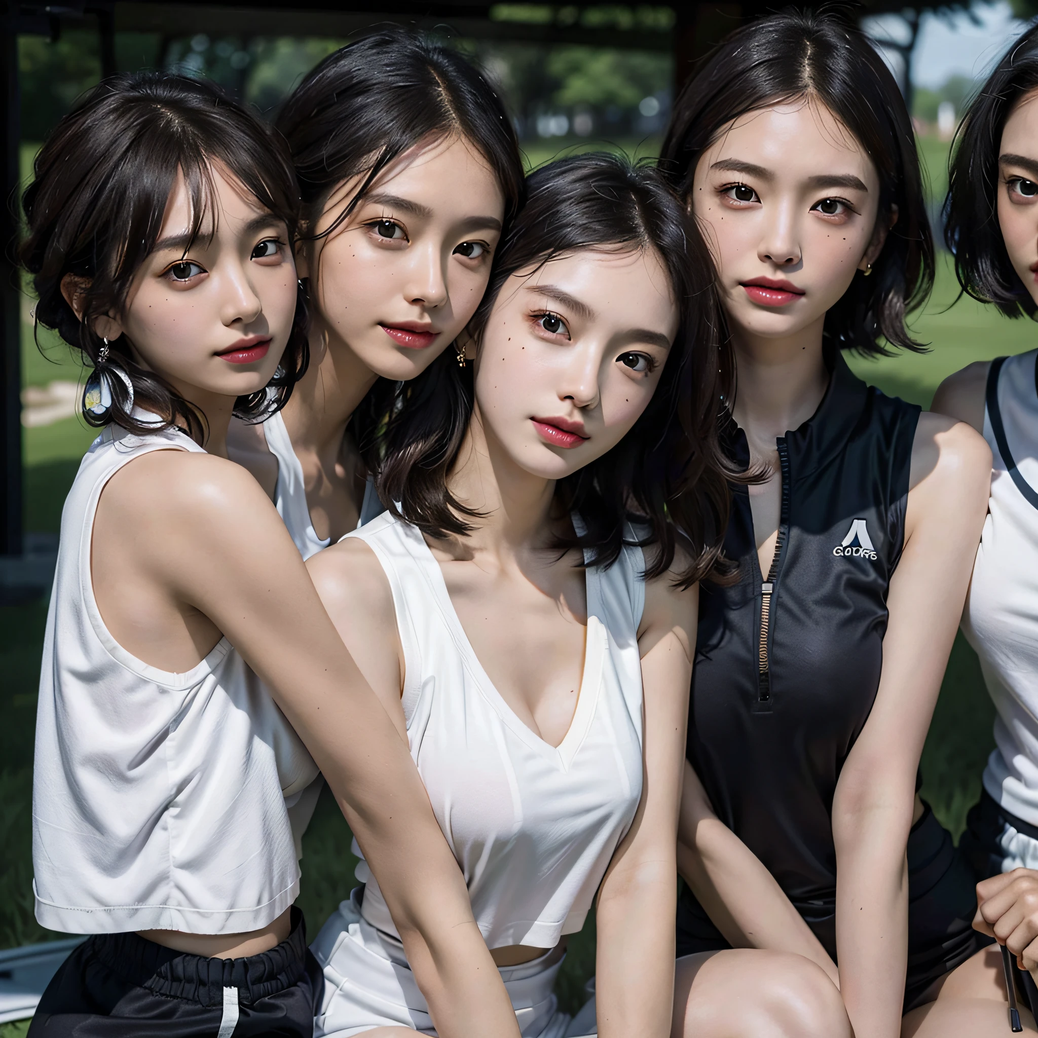 absurdres, RAW photo, extremely delicate and beautiful, masterpiece, Best Quality, ultra high resolution, 16k, hyperrealistic, ultra-detailed, perfect anatomy, super Detailed skin, perfect figure, Very detailed CG 8k wallpaper, in her 20s, very Slim body, narrow waist, very small head, very small face, delicate facial features, tearful mole, mole on chest, earring, thin legs, (very huge round breasts), midriff, sleeveless, (full body shot), (((3 girls))), short medium hair, ((track suit)),