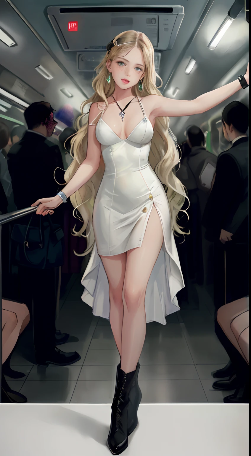 ((Pre-)), beautiful girl, model body, freckles on her face, light green eyes, small brearge earrings, mini dress with thin straps, black tights, high heel boots, full body, headshot short, very white skin, very long hair, wavy hair, blonde hair, busy subway car, photorealistic, indirect lighting, volumetric light, ray tracing, hyper-detailed, best quality, ultra-high resolution, HDR, 8k