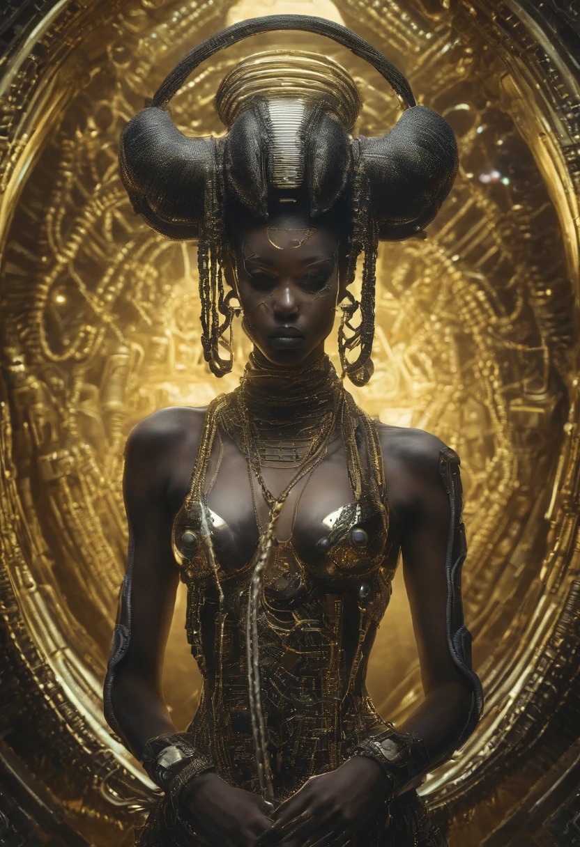 Ghotic woman afro cut with big bare breasts and piercing on the  of gold chains
