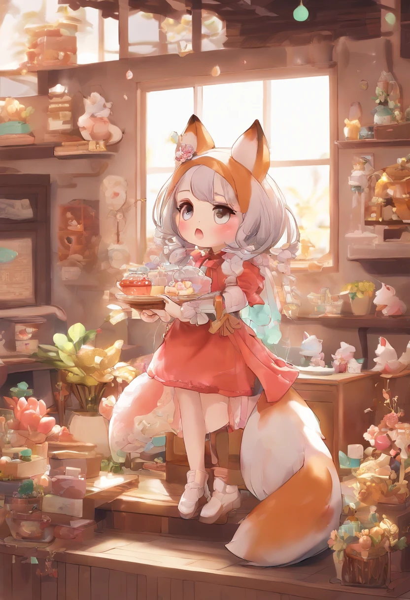 Florist clerk、Pop Mart Blind Box IP、Close up of cute white robe doll、Young One Angel Style、Wear longer, Dress fluently、Lop style、Poseline doll、Little people々々々々々々々々々々々々々々々々々々々々々々々々。unreal enginee 5、Light 3D/C4D production: 8K HD quality/illuminating/Ultra-fine lens description 1.5、flawless、Chibi Background/Cinematic。Tuna bowl、macadamia、(((7Foxes get along well)))