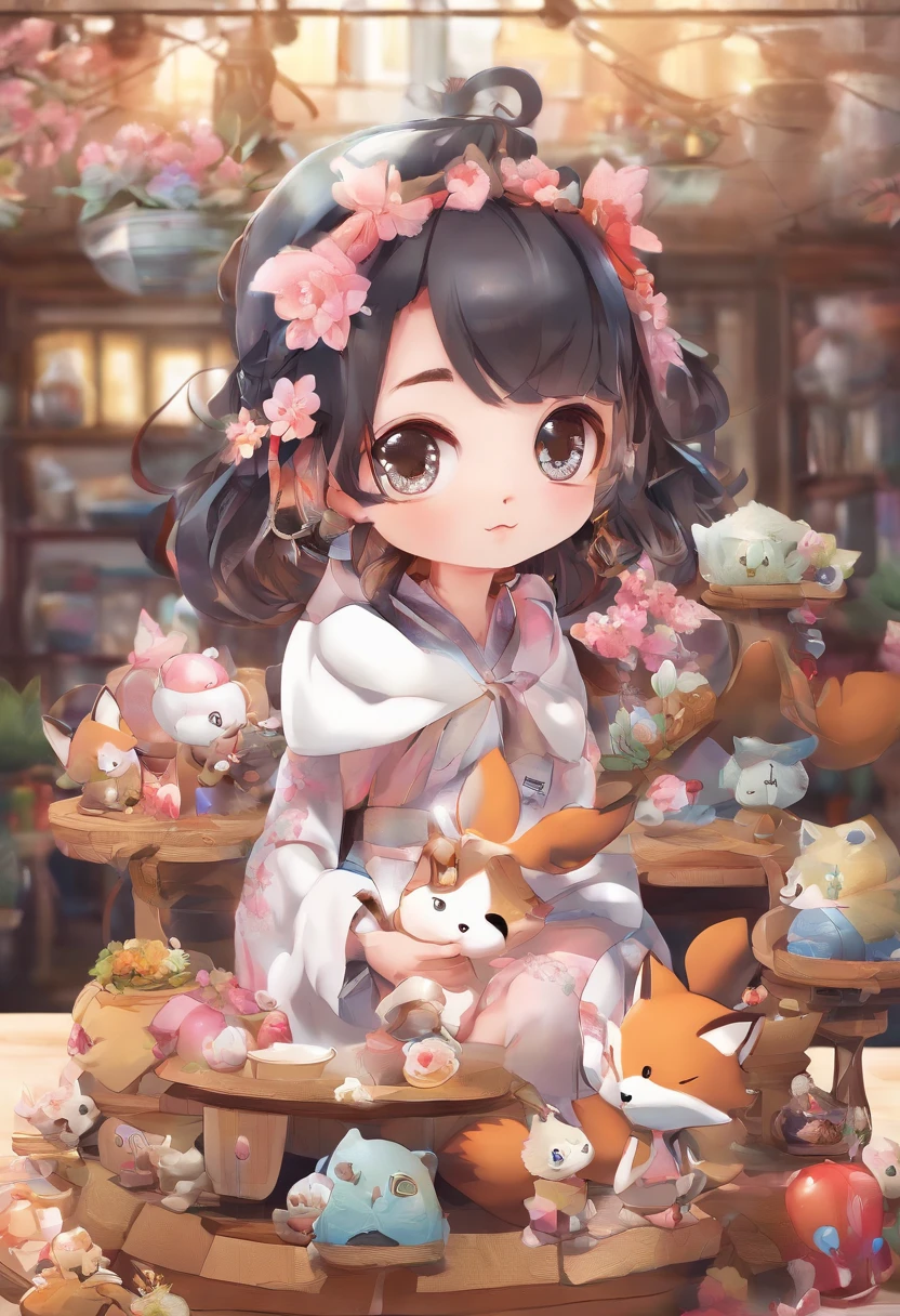 Florist clerk、Pop Mart Blind Box IP、Close up of cute white robe doll、Young One Angel Style、Wear longer, Dress fluently、Lop style、Poseline doll、Little people々々々々々々々々々々々々々々々々々々々々々々々々。unreal enginee 5、Light 3D/C4D production: 8K HD quality/illuminating/Ultra-fine lens description 1.5、flawless、Chibi Background/Cinematic。Tuna bowl、macadamia、(((7Foxes get along well)))