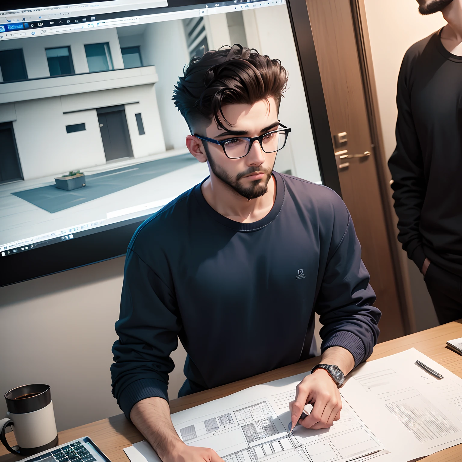 At midnight , A 22 years old boy with small beard and quiff hairstyle wearing blue sweatshirt and black track pants , also wearing rim square eyeglasses doing an architectural drawing sheets on his table with laptop open and some architectural plan on screen