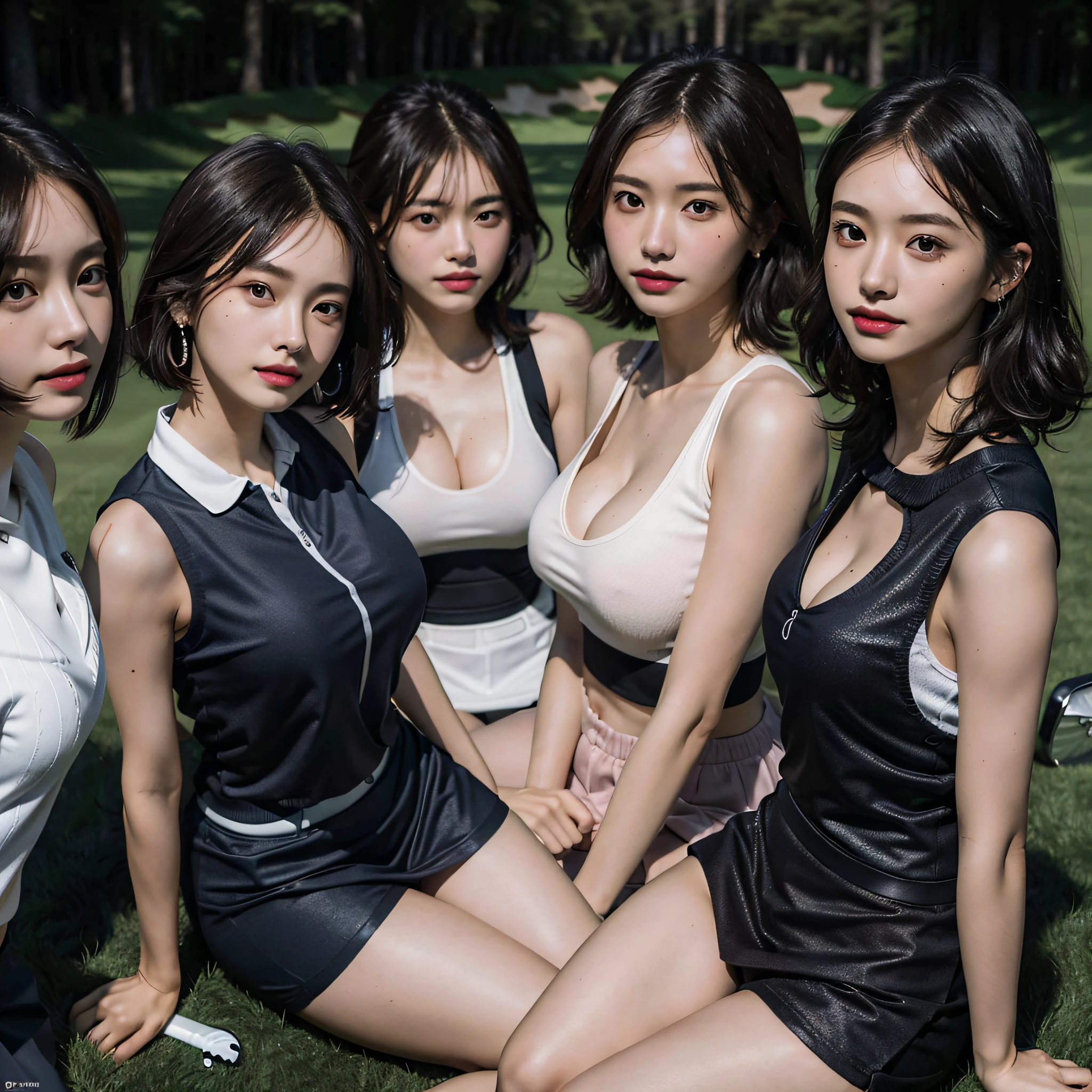absurdres, RAW photo, extremely delicate and beautiful, masterpiece, Best Quality, ultra high resolution, 16k, hyperrealistic, ultra-detailed, Very detailed CG 8k wallpaper, Beautiful Lighting, Perfect Lightning, Realistic Shadows, perfect anatomy, super Detailed skin, perfect figure, Japanese woman, in her 20s, very Slim body, narrow waist, very small head, handsome detailed woman, very detailed eyes and face, realistic face proportions, Stunning detailed eyes, Realistic beautiful face, very small face, Realistic small beautiful eyes, double eyelids, makeup, tearful mole, mole on chest, earring, bare legs, beautiful and very thin legs, beautiful and very thin thighs, (very huge round breasts:1.3), (full body shot), short hair, wavy hair, sweat, (3 girls:1.5), (golf wear:1.5), (sleeveless, bare arms, bare legs, tight-fitting),