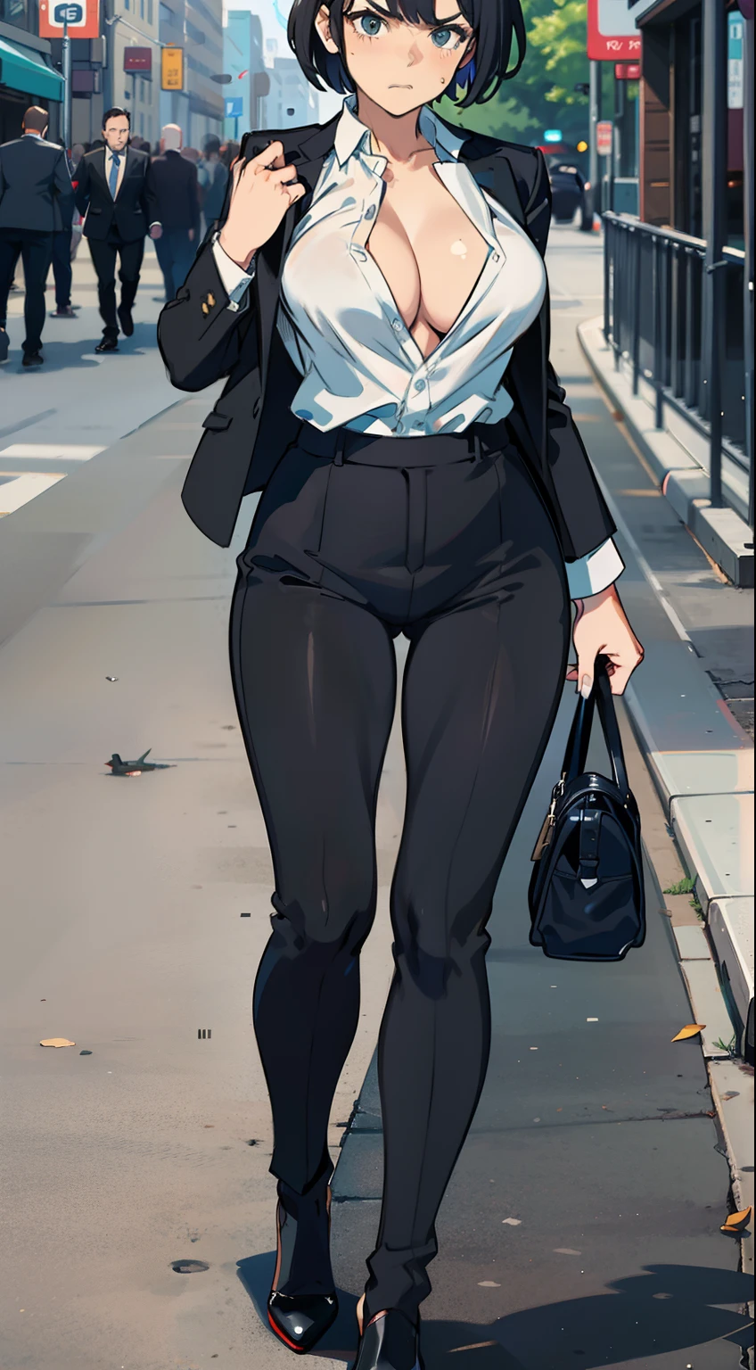 Woman in suit on her knees, angry looking face, wawy short hair, exposing her perky breasts while pulling down her shirt