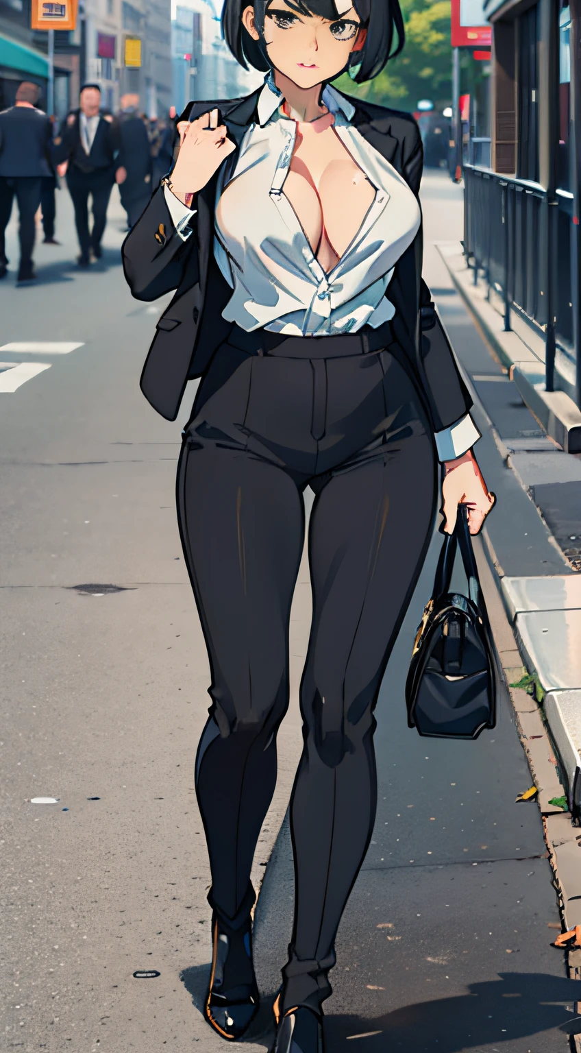 Woman in suit on her knees, angry looking face, wawy short hair, exposing her perky breasts while pulling down her shirt