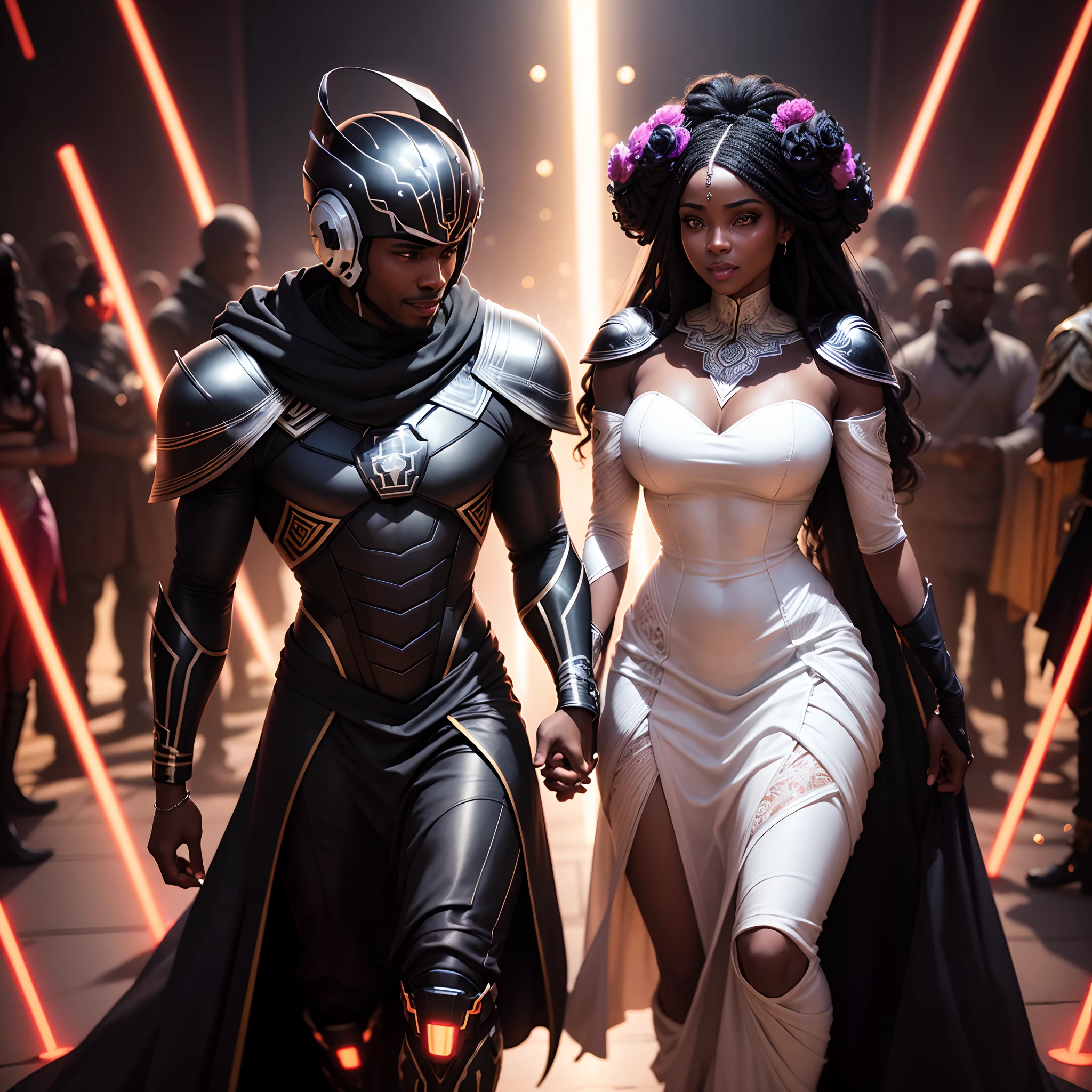 a happy Black man wedding a black woman both wearing african designed black helmets and african designed clothes getting married, in a futuristidark scene lit by light sabers surrounding the black wedding couple, shining with beautiful and vibrant light, with iridescent light, photorealistic image, ultra HD, cinematic lighting, artgerm style, 32k, unreal engine rendered,