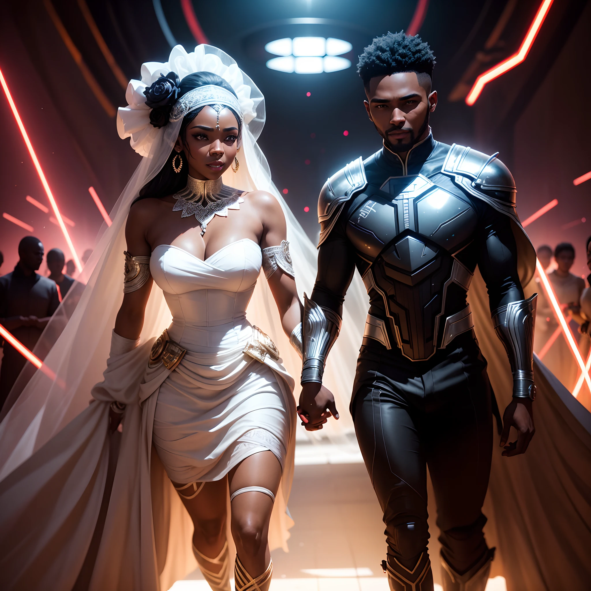 a happy Black man wedding a black woman both wearing african designed black helmets and african designed clothes getting married, in a futuristidark scene lit by red light sabers surrounding the black wedding couple,  shining with beautiful and vibrant light,  with iridescent light, photorealistic image, ultra HD, cinematic lighting, artgerm style, 32k, unreal engine rendered,