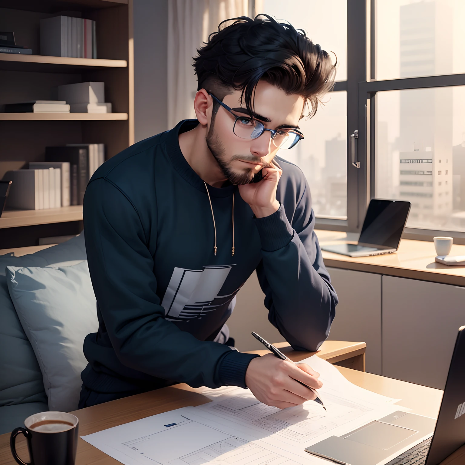At midnight , A 22 years old boy with small beard and quiff hairstyle wearing blue sweatshirt and black track pants , also wearing rim square eyeglasses doing an architectural drawing sheets on his table with laptop open and some architectural plan on screen