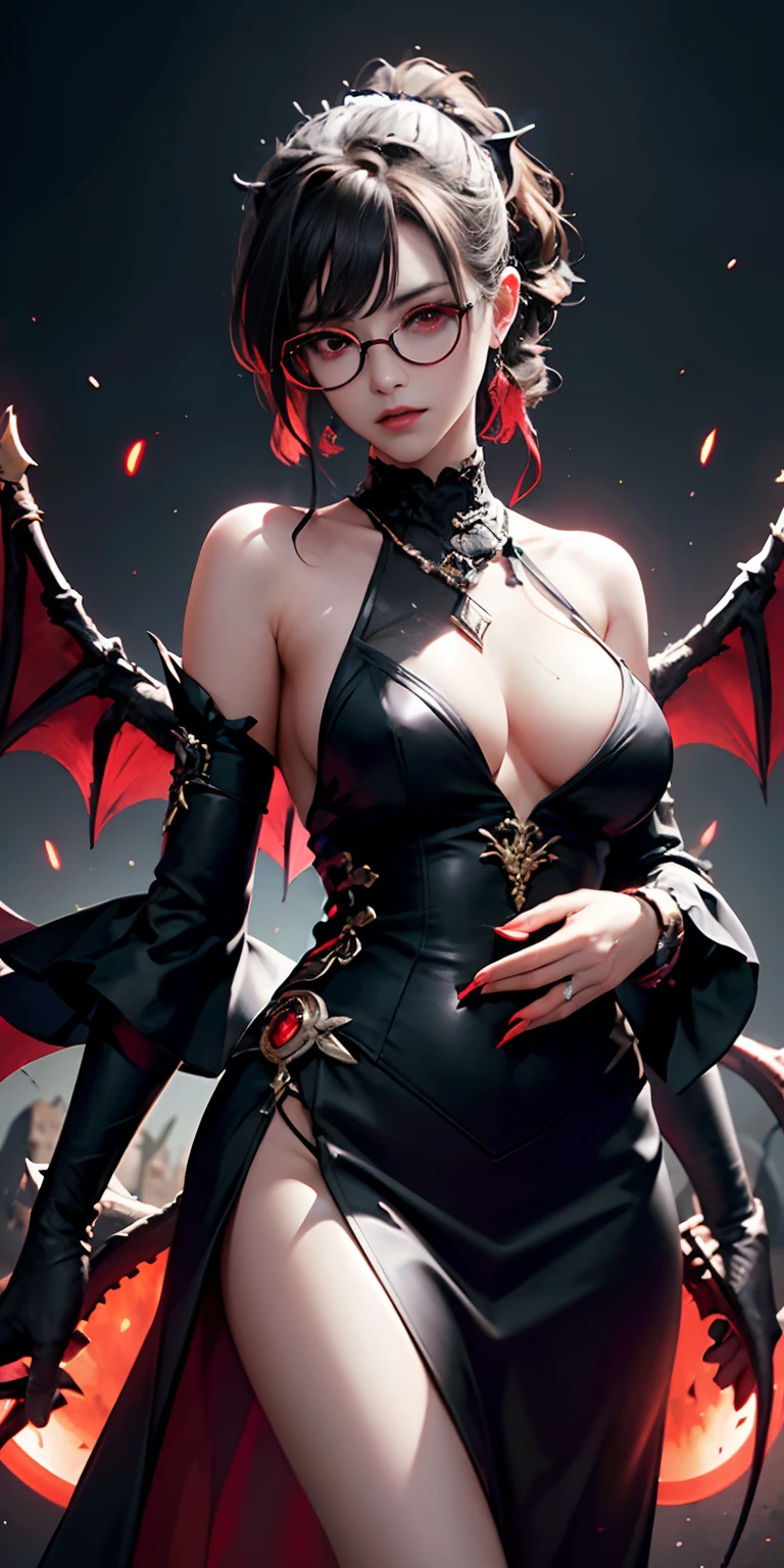 Fine、(The best illustrations)、8K resolution、intricate-detail、top-quality、realisitic、ultra-detailliert、The best lighting、Best Shadows、Ulutra HD、A Necromancer、natta、magia、Dark style、Succubus、Devil's Daughter、Bat Wings,Demon Horns、(red eyes glowing:1.6)、((((black-rimmed round glasses))))、masterpiece、high_res、beautiful countenance、Tindall Effect、photos realistic、(High Detail Skins:1.2)、8KUHD、Digital SLR、hightquality、a picture、hight resolution、 absurderes、Ponytail distortion、best ratio four finger and one thumb、top-quality、masterpiece、Hi-Res、女の子1人、hair adornments、a necklace、jewely、Beautiful expression、Body Up、Large breasts emphasis、Toned waist、Wide buttocks、Tindall Effect、Photorealsitic、Dark Studio、Rim lighting、Two-tone lighting、(High Detail Skins:1.2)、8K UHD、Digital SLR、Soft lighting、hightquality、volume illumination、Frankness、a picture、hight resolution、4K、8K、Bokeh、