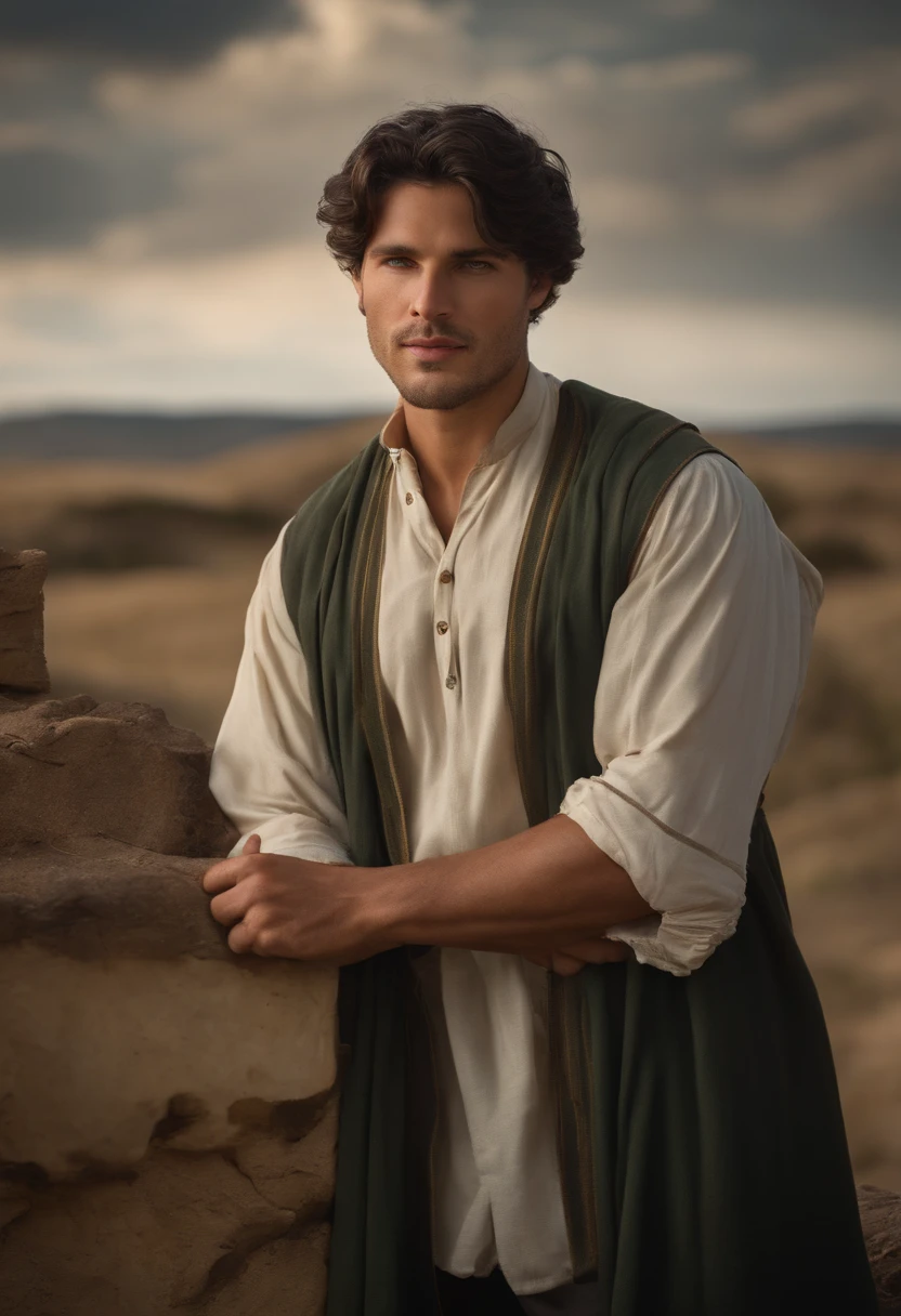 4k, 8k, 12k David the Young Pastor: Imagine a young, middle-aged pastor with dark hair and bright eyes. He is small in stature, but full of determination and confidence. He is dressed in simple shepherd's clothes and his hands are calloused from hard work.