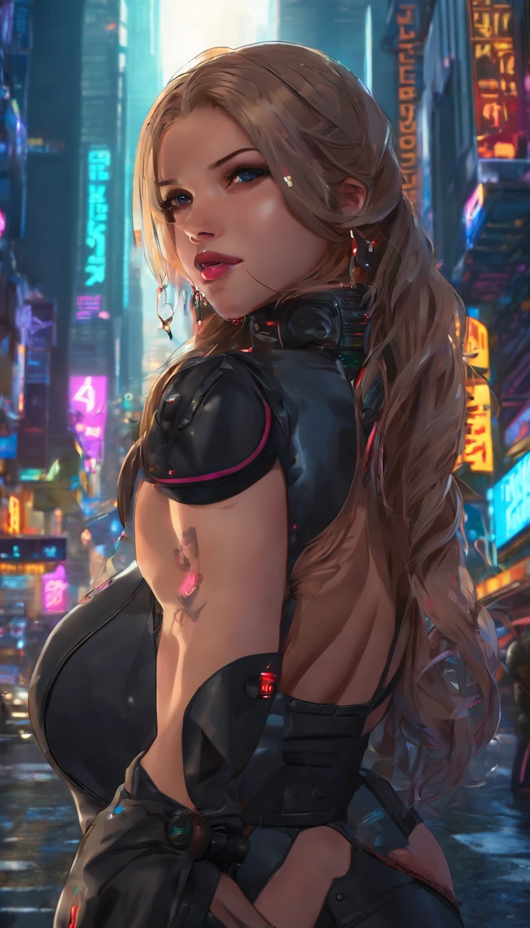 8k, high quality, high rise panties, stunning hourglass figure, long golden silky hair, toned body, mulata, supermodel nude, nude, big blue eyes, subsurface scattering, professional quality, 8k resolution, RAW photo, small breasts, glistening skin, stunning toned woman, neon signs, cyberpunk city, night city background, glowing, amazing detail, intricately detailed, bright lighting, disney style
