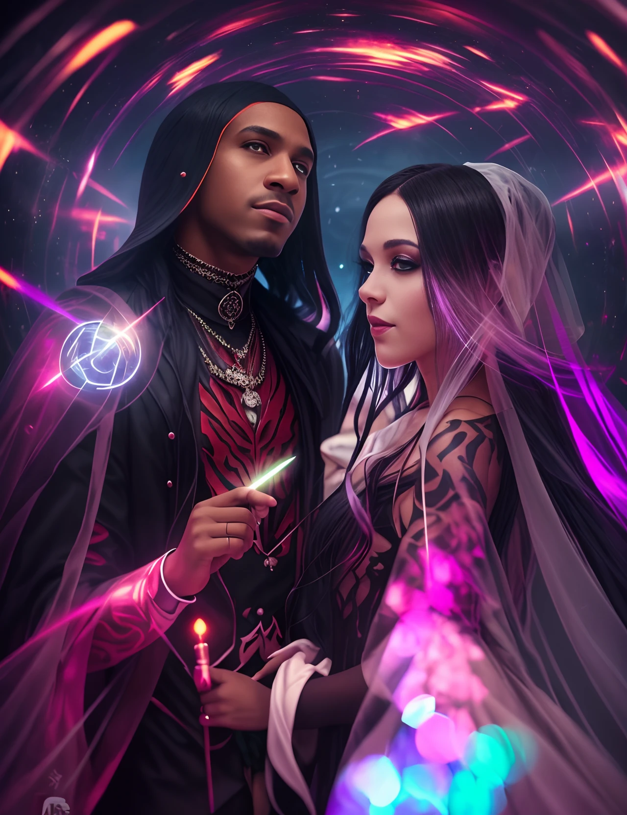 a happy Black man wedding a black woman both wearing african designed black helmets and african designed clothes getting married, in a futuristic dome dark area lit by light sabers in the background, shining with beautiful and vibrant light, with iridescent light, photorealistic image, ultra HD, cinematic lighting, artgerm style, 32k, unreal engine rendered, art by Bella kotak --auto --s2