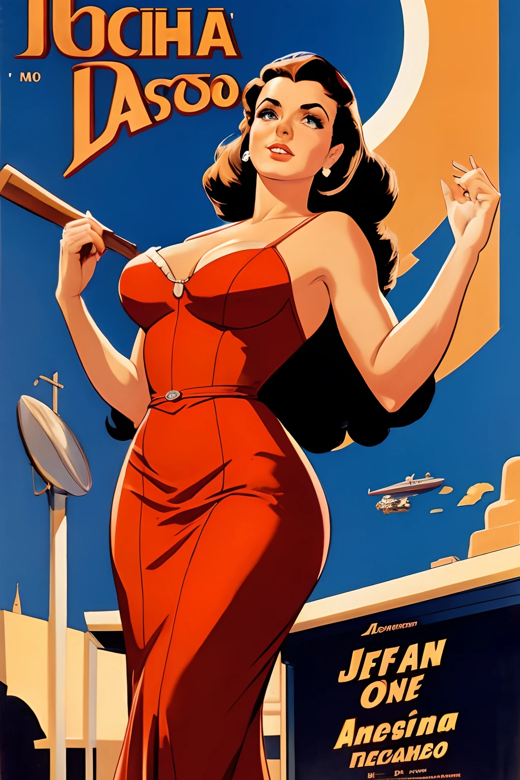 Soviet girl on propaganda poster. Showing cutting-edge 1990-s bikini. Brown hair. Firm tits and ass. Sitting on a luxury chair. Spreading legs, showing pussy. Seductive smirk.