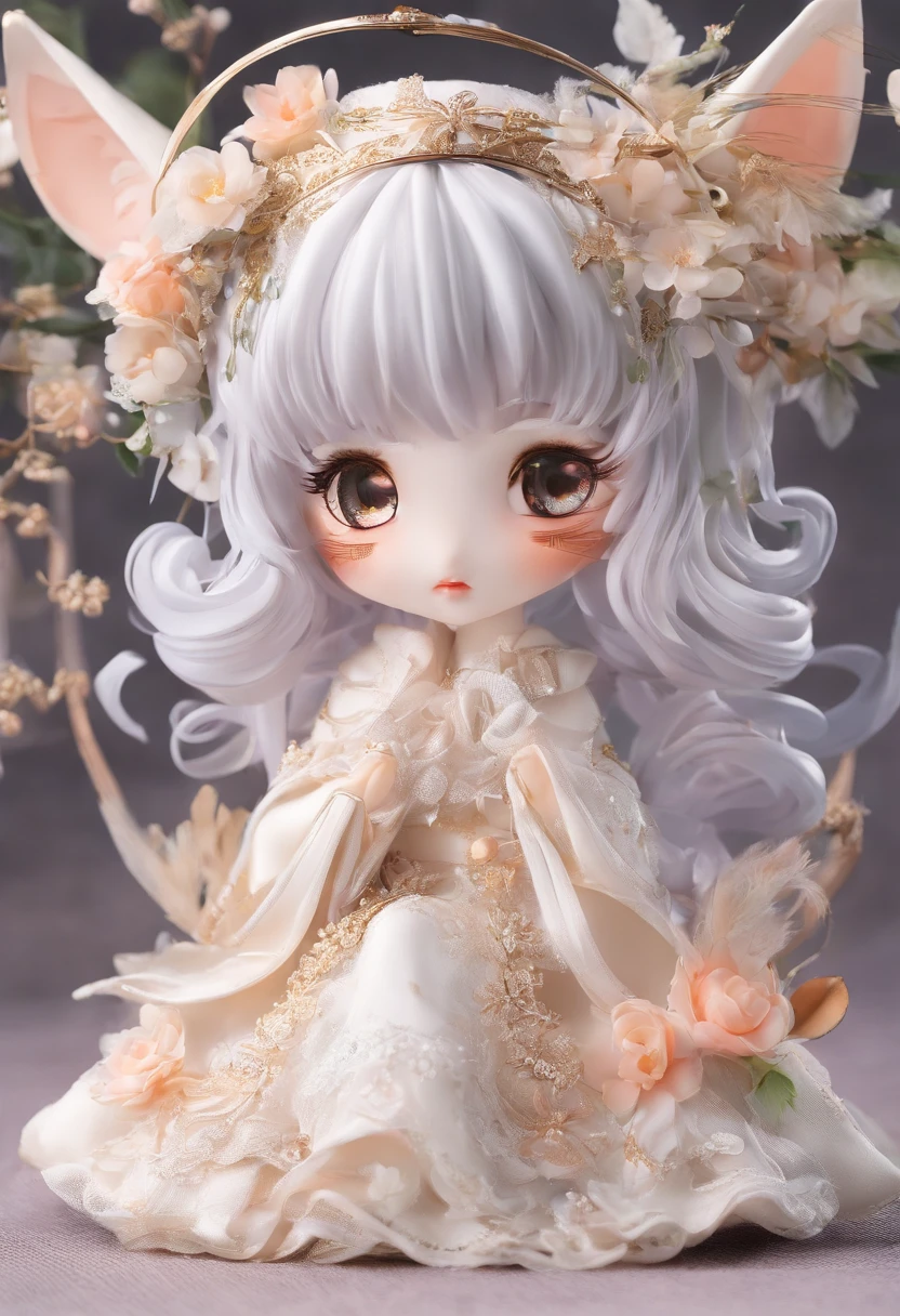 Florist clerk、Pop Mart Blind Box IP、Close up of cute white robe doll、Young One Angel Style、Wear longer, Dress fluently、Lop style、Poseline doll、Little people々々々々々々々々々々々々々々々々々々々々々々々々々。unreal enginee 5、Light 3D/C4D production: 8K HD quality/illuminating/Ultra-fine lens description 1.5、flawless、Chibi Background/Cinematic。Tuna bowl、macadamia、(((７Foxes get along well)))