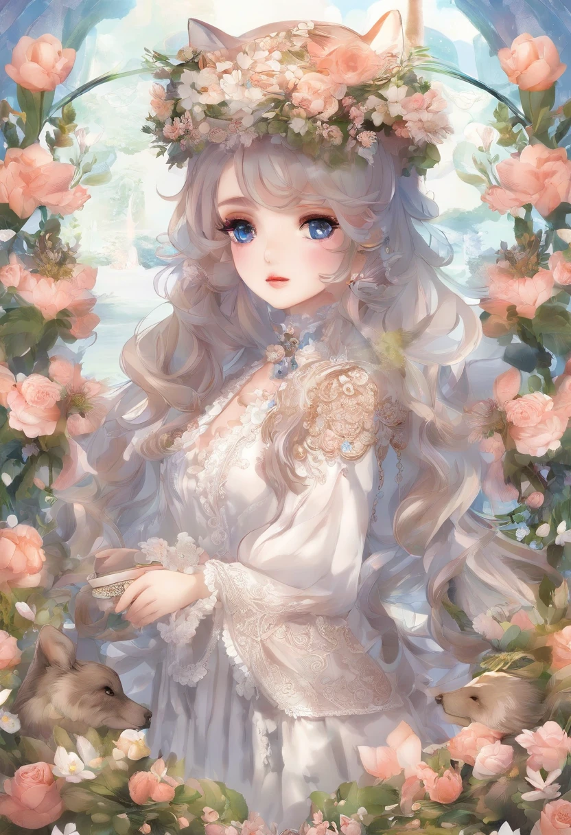 Florist clerk、Pop Mart Blind Box IP、Close up of cute white robe doll、Young One Angel Style、Wear longer, Dress fluently、Lop style、Poseline doll、Little people々々々々々々々々々々々々々々々々々々々々々々々々々。unreal enginee 5、Light 3D/C4D production: 8K HD quality/illuminating/Ultra-fine lens description 1.5、flawless、Chibi Background/Cinematic。Tuna bowl、macadamia、(((7Foxes get along well)))