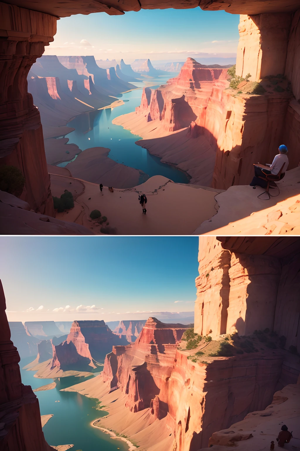 (best quality,4k,8k,highres,masterpiece:1.2),ultra-detailed,realistic,photorealistic:1.37,grand canyon,blue sky,hotel on the edge of the cliff,futuristic landscape,illustration,feeling of vastness,crystal clear river,serene atmosphere,sunlight filtering through the clouds,mountain peaks in the distance,exquisite details of the hotel architecture,impressive scale of the canyon,people enjoying the breathtaking view,transparent glass walls of the hotel,panoramic viewpoint,modern interior design,helipad on the rooftop,clear visibility,unobstructed view,scenic balcony,peaceful silence,amazing depth and texture of the landscape,unforgettable experience,hanging gardens on the cliffs,futuristic transportation,hovering drones,sunset casting a warm glow on the canyon,shadows creating intriguing patterns,colorful hot air balloons drifting in the distance,magnificent display of colors and geological formations,sparkling reflection of the sunlight on the water,soaring eagles in the sky,natural beauty combined with cutting-edge technology,awe-inspiring beauty.