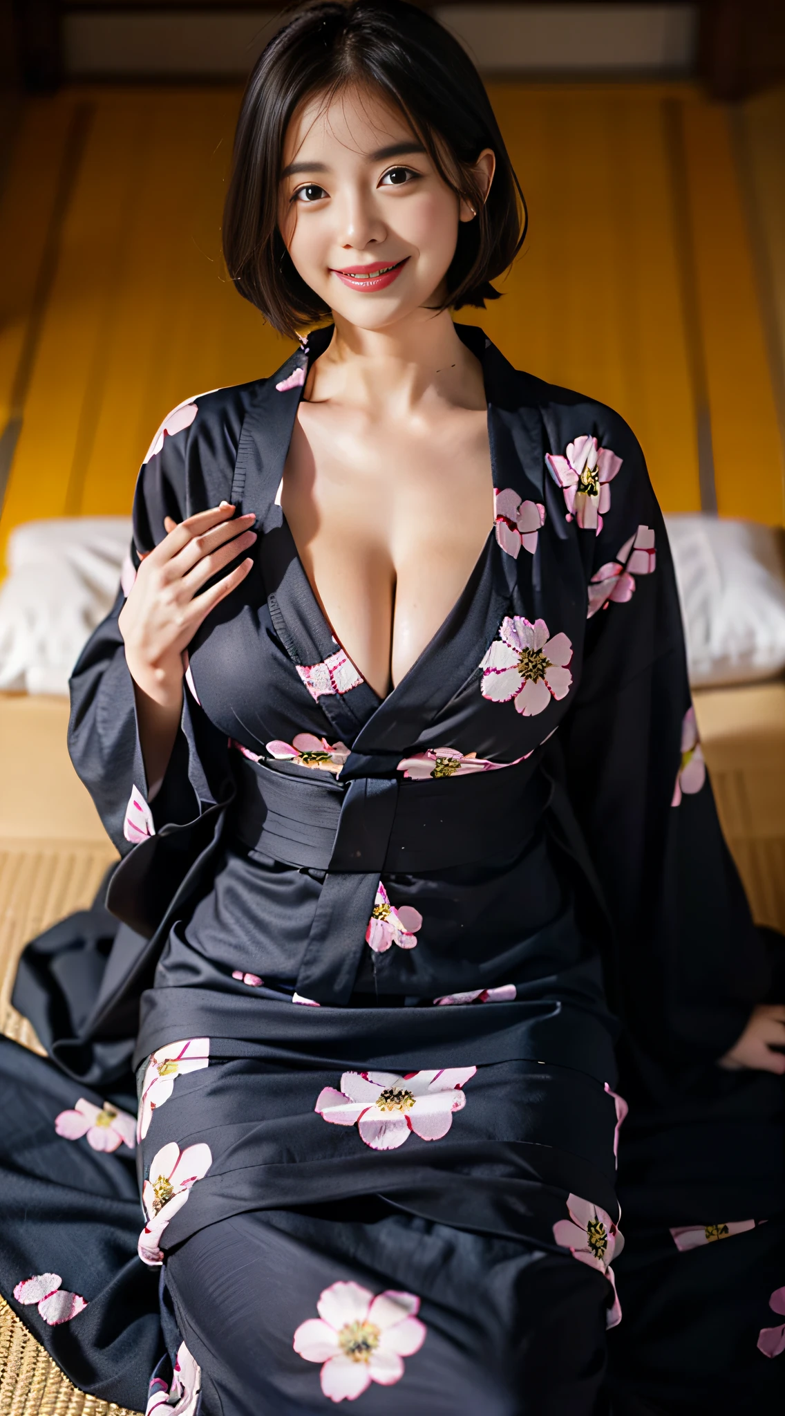 (dasha taran),(Lie down in a yukata)Huge breasts,huge breasts2.0,longbreast,Smile,Shorthair、shorth hair、smil、Black yukata、Erotic look、Yukata with high-quality floral pattern