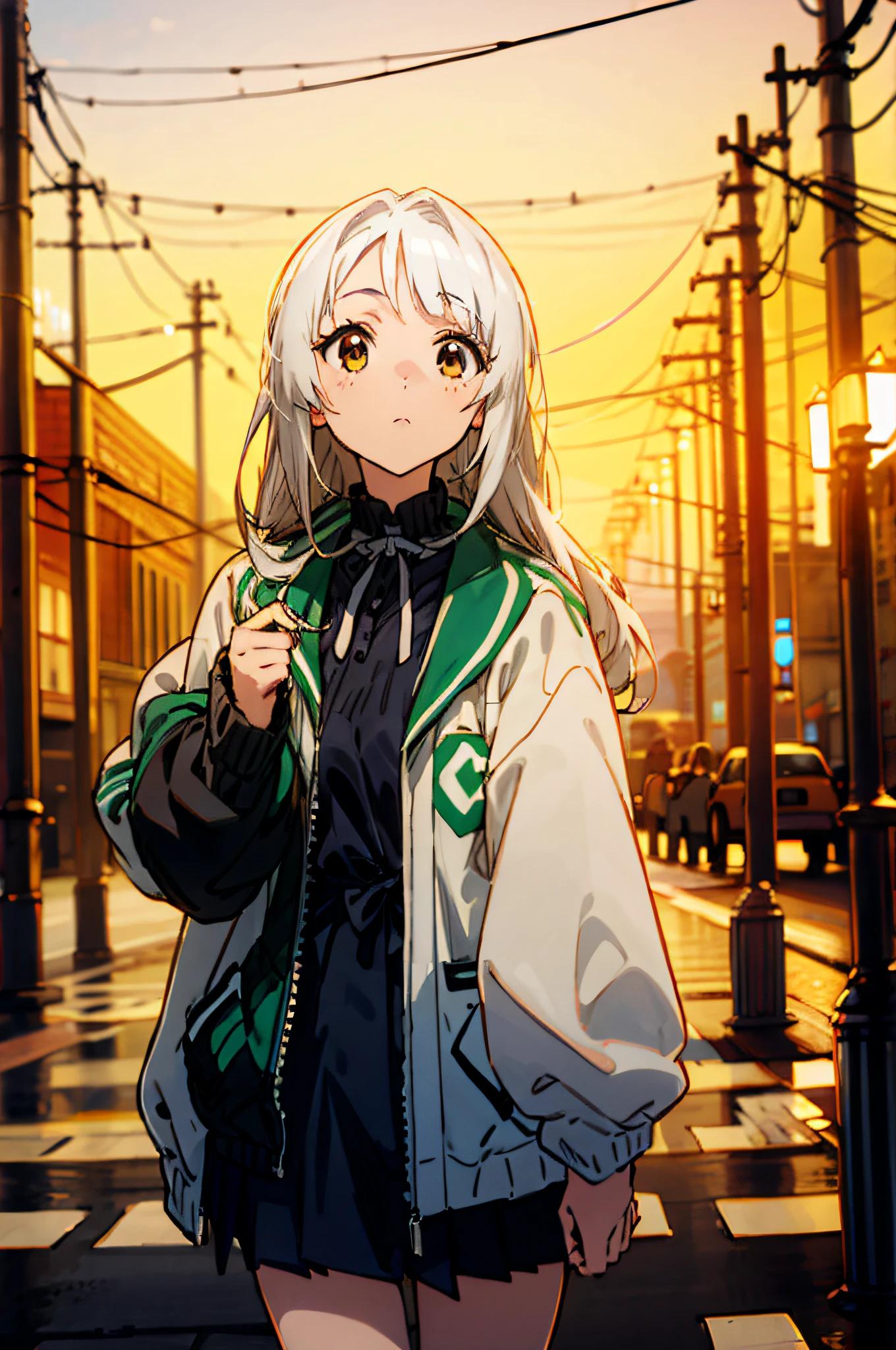 girl with, Your name is, cute little, White hair, windbreaker, Walk with a Starbucks coffee, Inside the city, Daytime