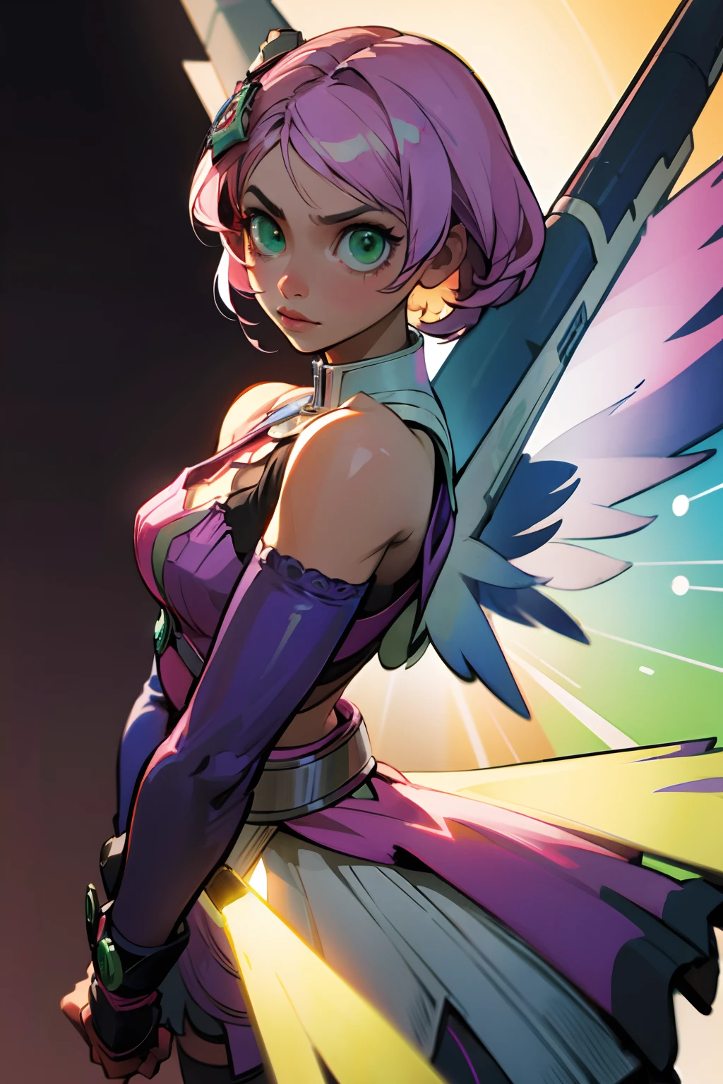 Alisa Rosto bonito, Symmetrical perfect green eyes, cabelo curto rosa multicor, mechanical wings, Tekken
