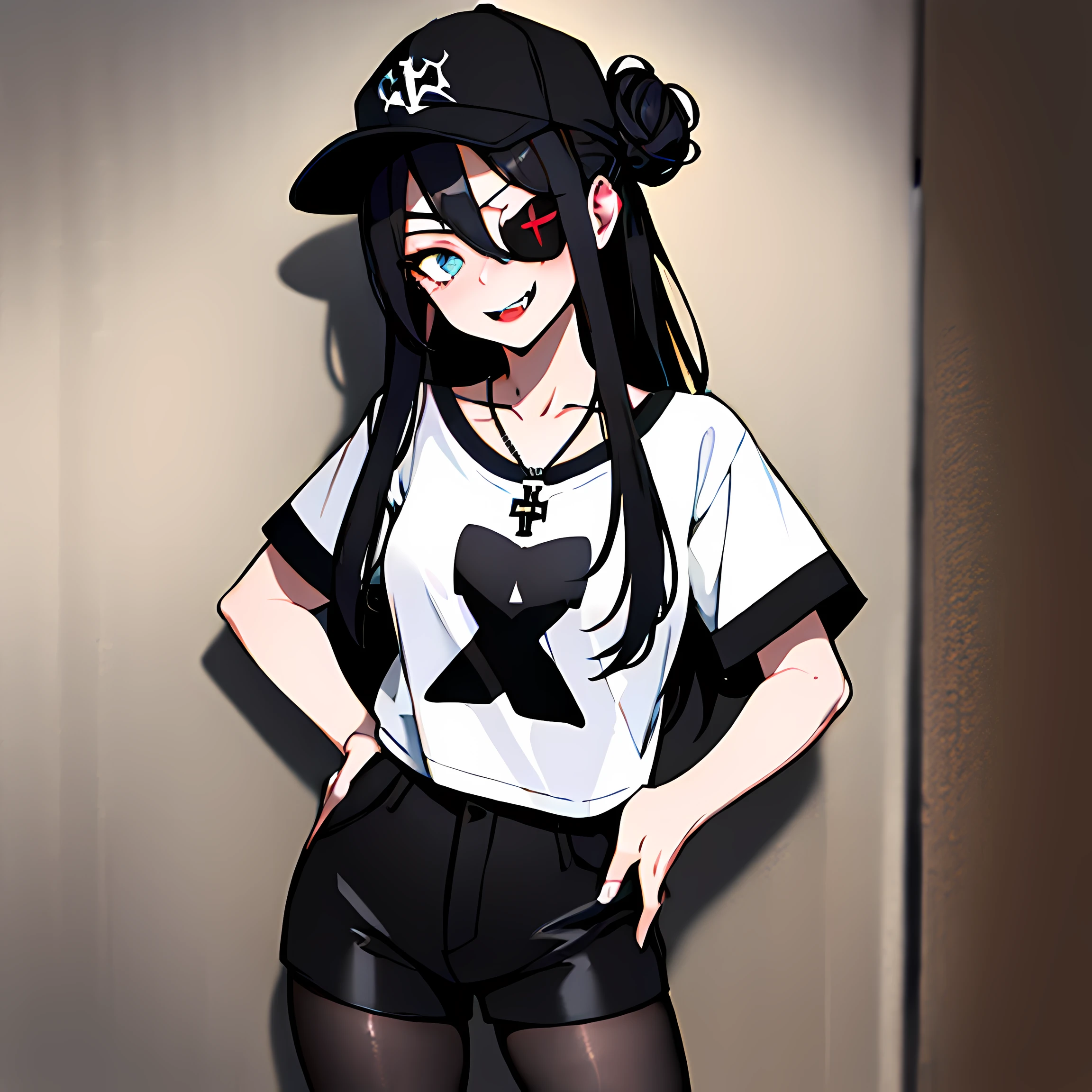 (absurdres, 8k, 4k, masterpiece, hyper extreme detailed:1.2), best quality, expressive eyes, highres, perfect eyes, 1girl, perfect face, perfect hands, Long Hair, Black hair, braided buns, buns in hair, large bust, crazy face, crazy eyes, crazy smile, eyepatch, gothic, cross necklace, black shirt, streetwear, pantyhose, baseball cap, curious, half body, street clothing, graphic t-shirt, standing, leaning against wall, gothic, pale skin, absurdquality, shocked, concerned, confused, head tilt, cowboy_shot, shorts, short shirt, fang tooth, black eyepatch, smile, black pantyhose, wall background, mature, adult